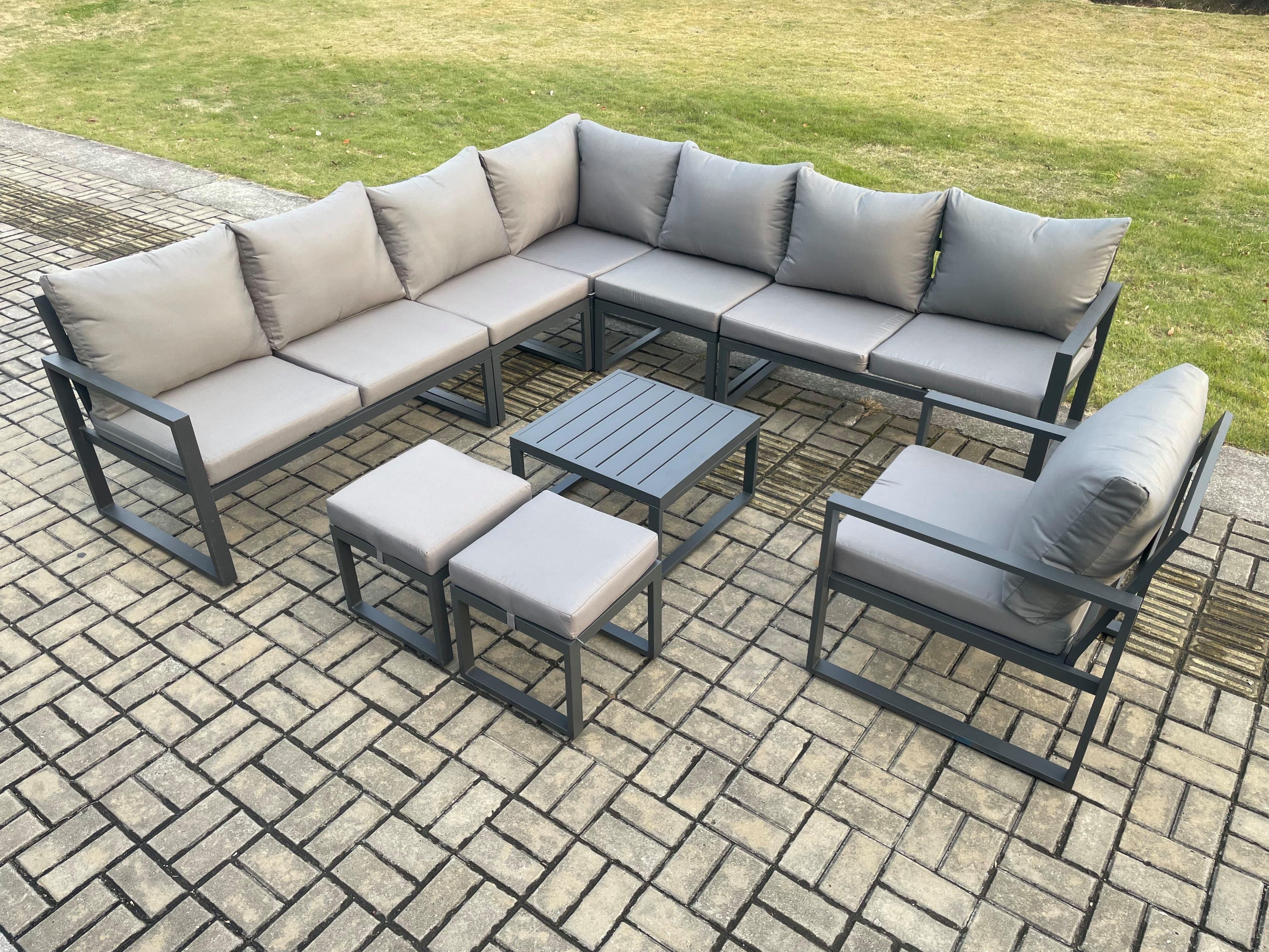 Aluminium Outdoor Garden Furniture Set Lounge Corner Sofa Chair Square Coffee Table Sets 2 Small Footstools Dark Grey