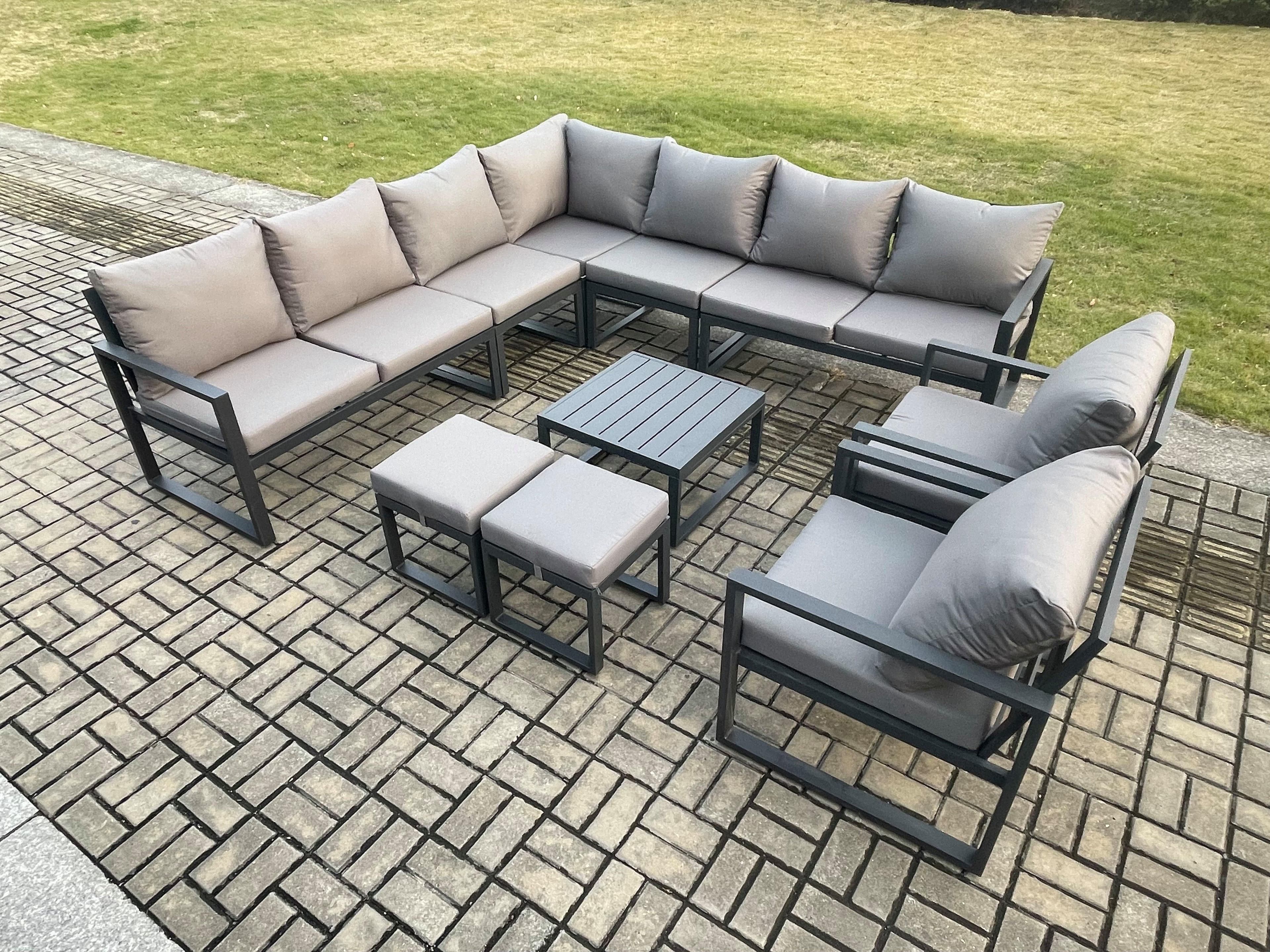 Aluminium Outdoor Garden Furniture Set Lounge Corner Sofa 2 Pcs Chair Square Coffee Table Sets 2 Small Footstools Dark Grey