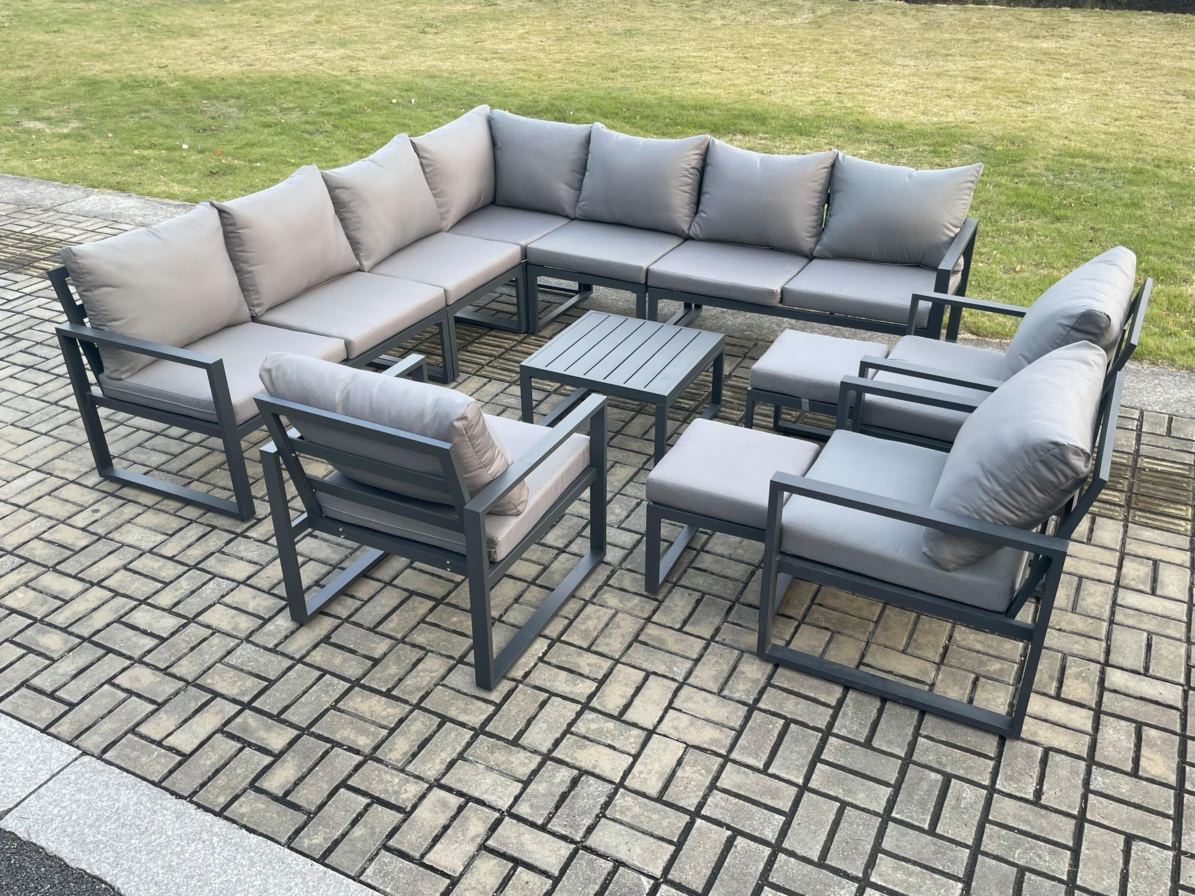 Aluminium Outdoor Garden Furniture Set Lounge Corner Sofa 3 Pcs Chair Square Coffee Table Sets 2 Small Footstools Dark Grey