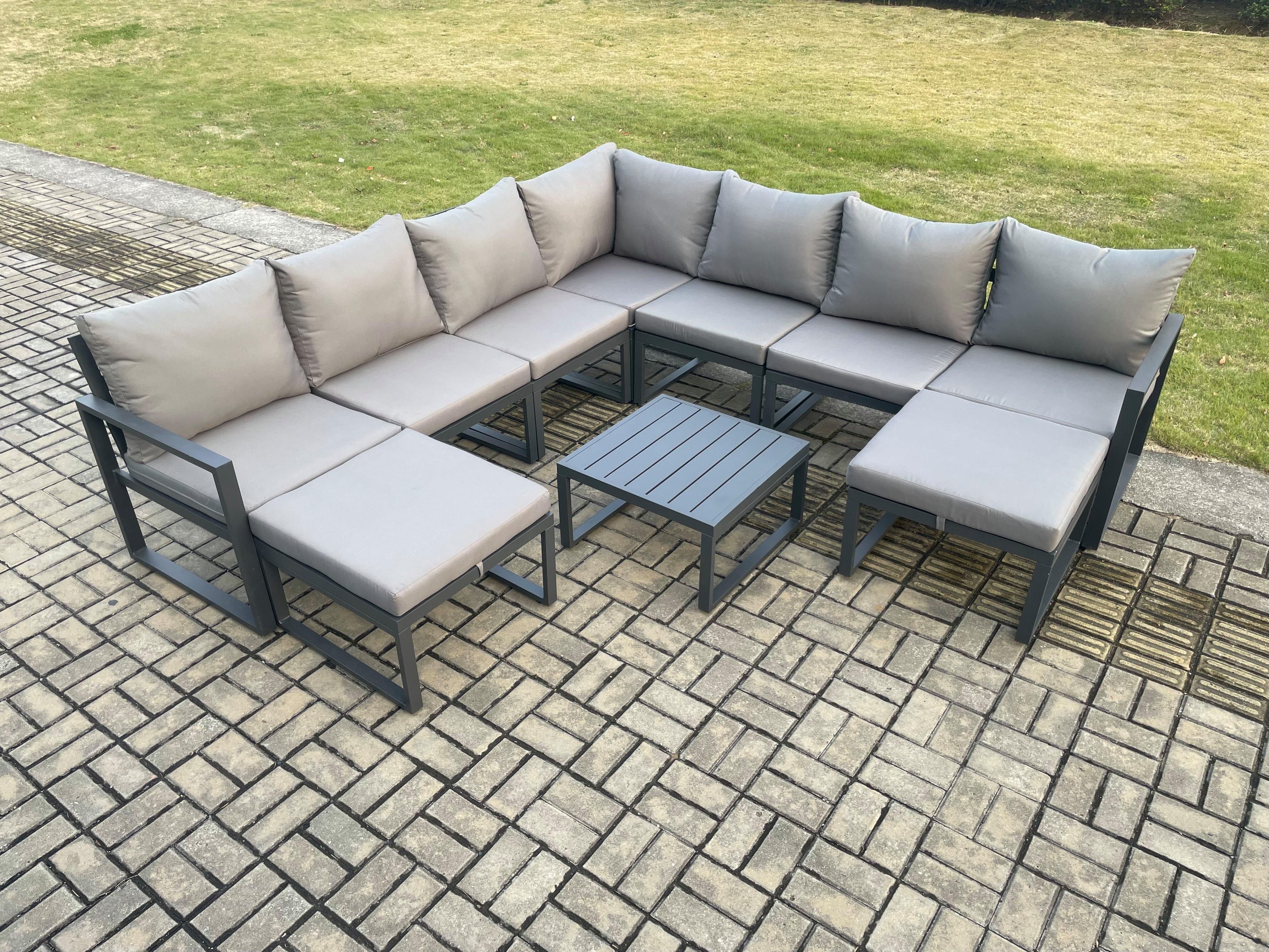 Aluminium Outdoor Garden Furniture Set Lounge Corner Sofa Square Coffee Table Sets 2 Big Footstools Dark Grey