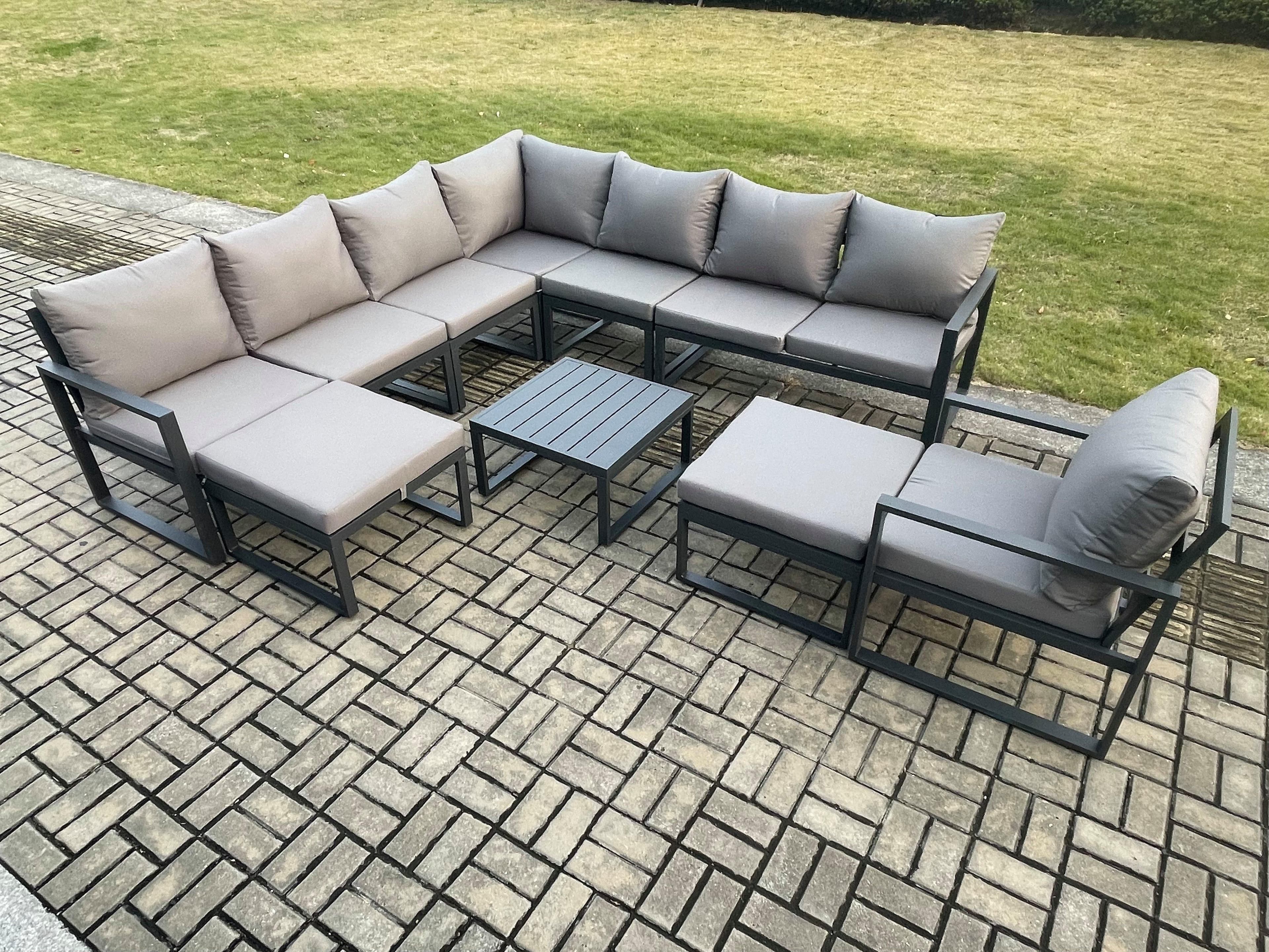 Aluminium Outdoor Garden Furniture Set Lounge Corner Sofa Chair Square Coffee Table Sets 2 Big Footstools Dark Grey
