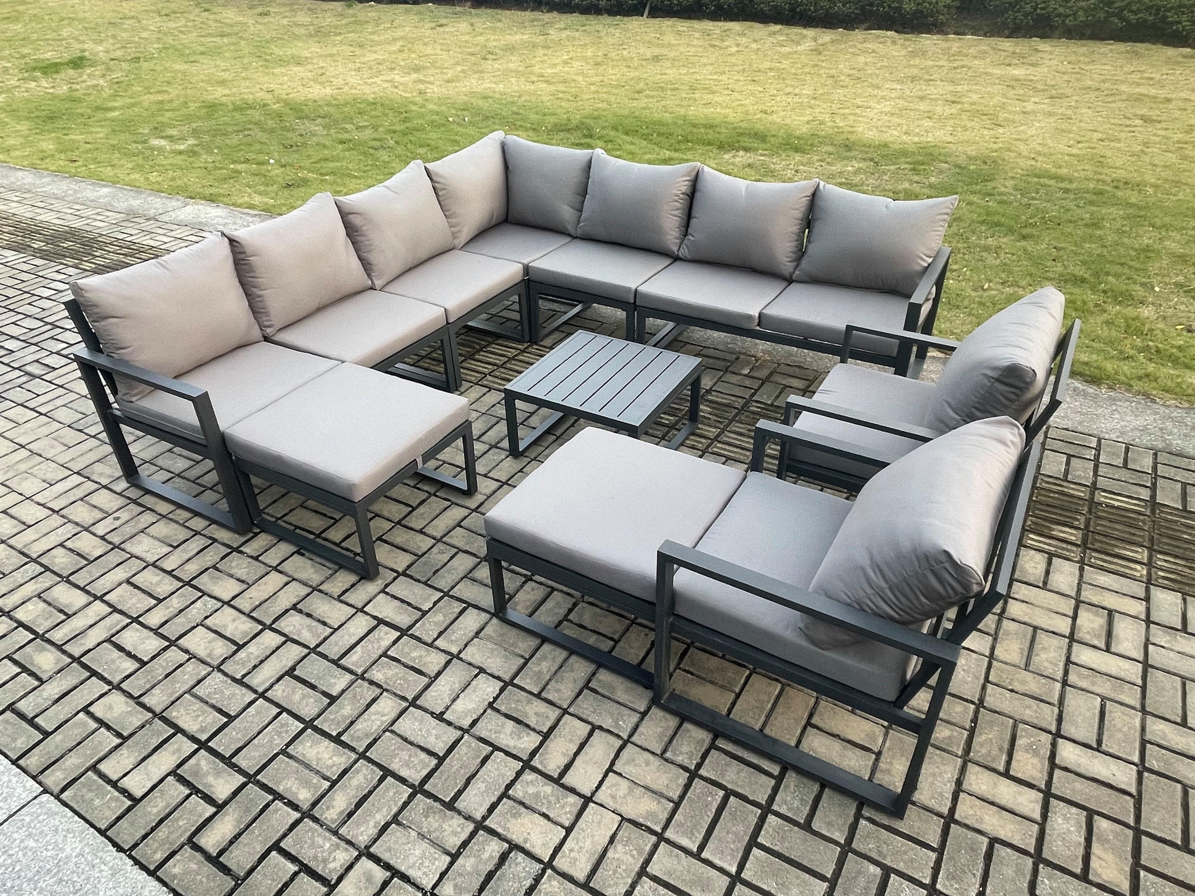 Aluminium Outdoor Garden Furniture Set Lounge Corner Sofa 2 Pcs Chair Square Coffee Table Sets 2 Big Footstools Dark Grey