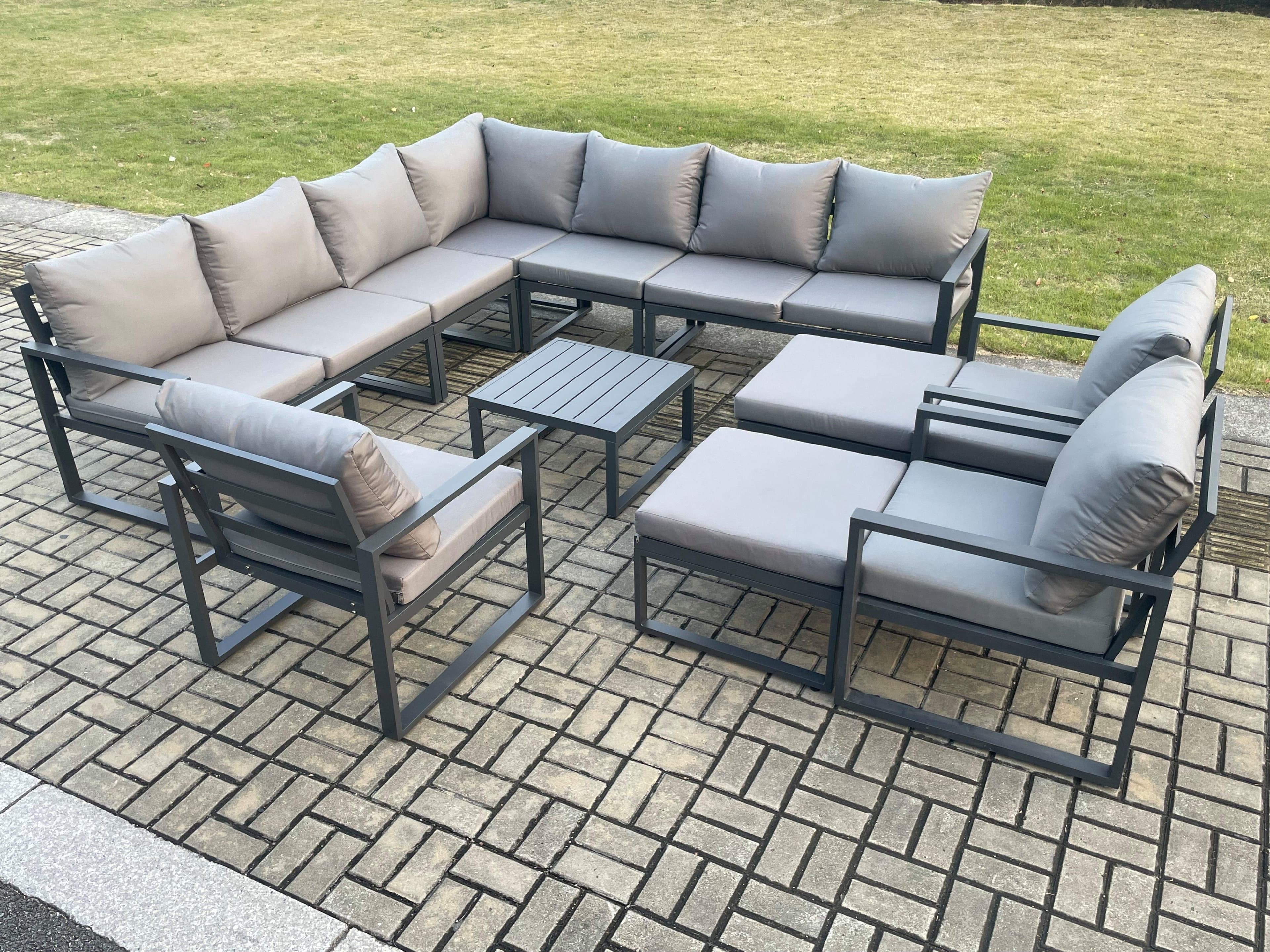 Aluminium Outdoor Garden Furniture Set Lounge Corner Sofa 3 Pcs Chair Square Coffee Table Sets 2 Big Footstools Dark Grey