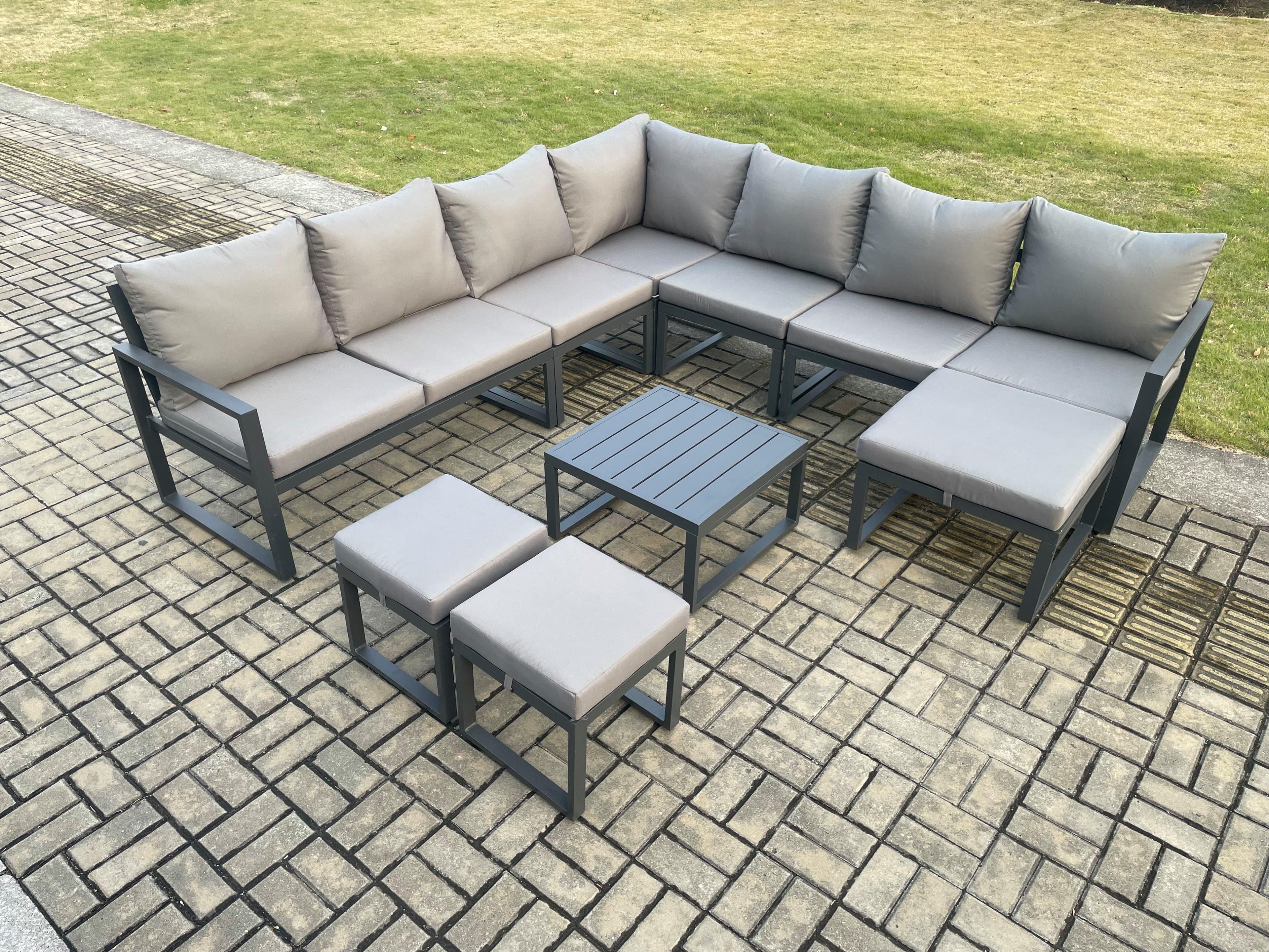 Aluminium Outdoor Garden Furniture Set Lounge Corner Sofa Square Coffee Table Sets 3 Footstools Dark Grey