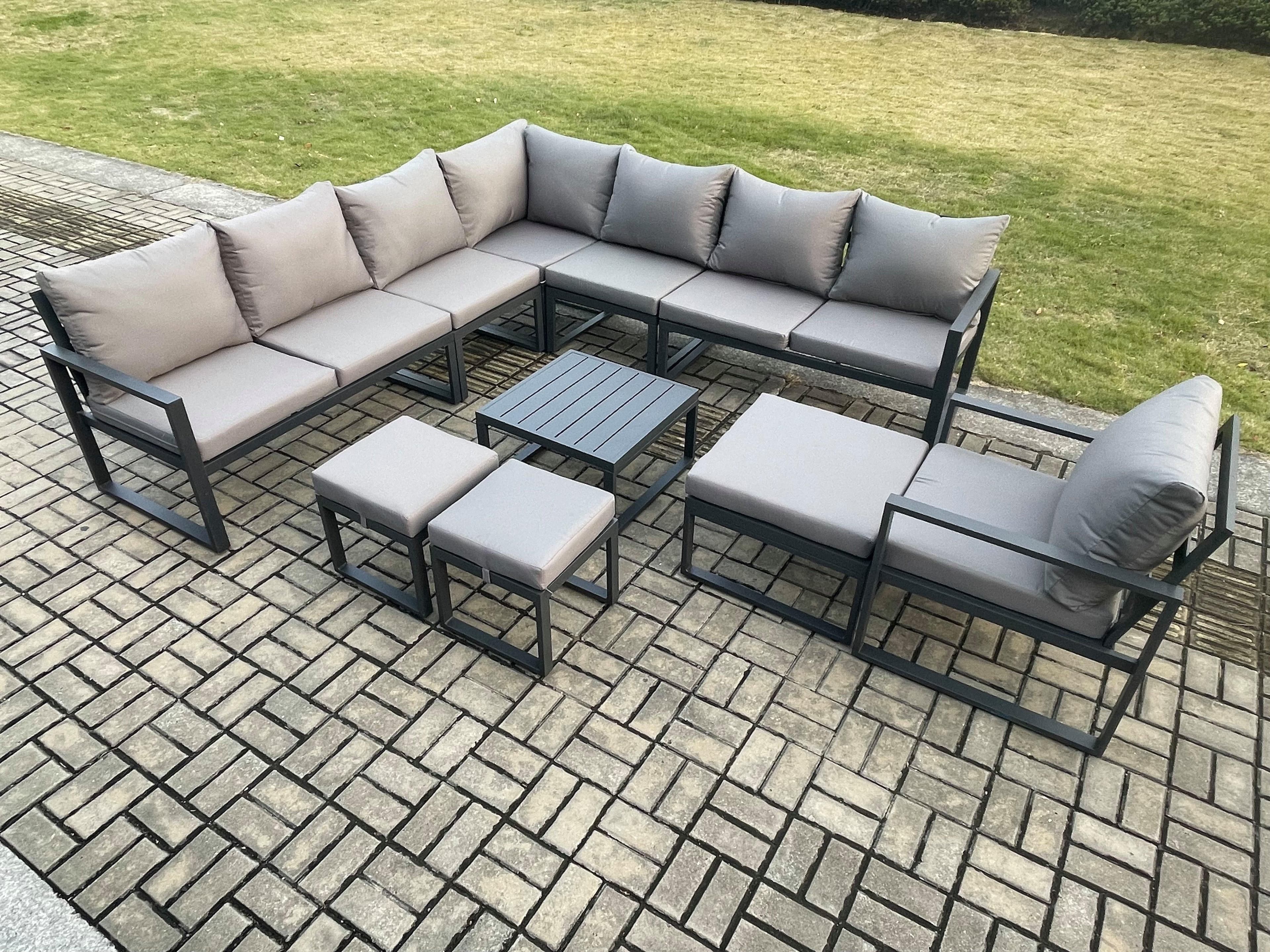 Aluminium Outdoor Garden Furniture Set Lounge Corner Sofa Square Coffee Table Chair Sets 3 Footstools Dark Grey