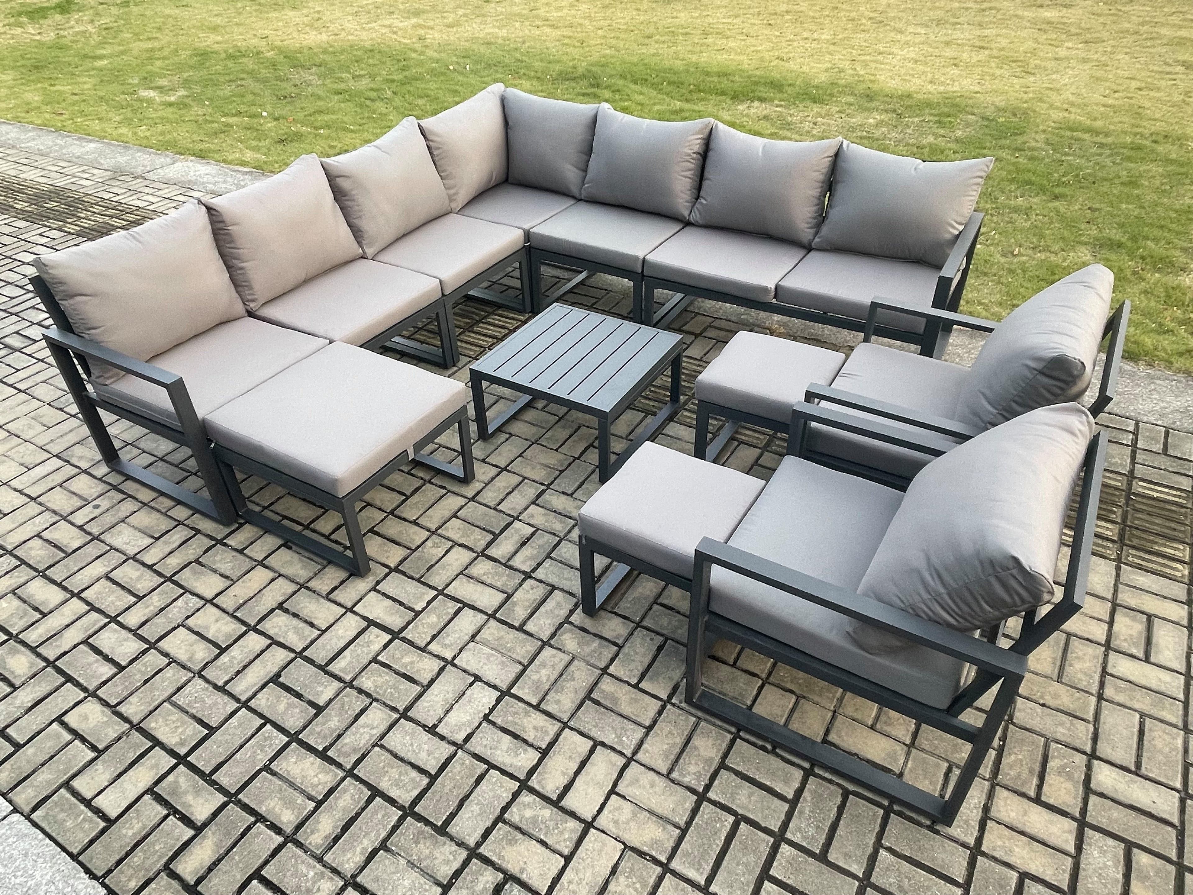 Aluminium Outdoor Garden Furniture Set Lounge Corner Sofa Square Coffee Table 2 Pcs Chair Sets 3 Footstools Dark Grey