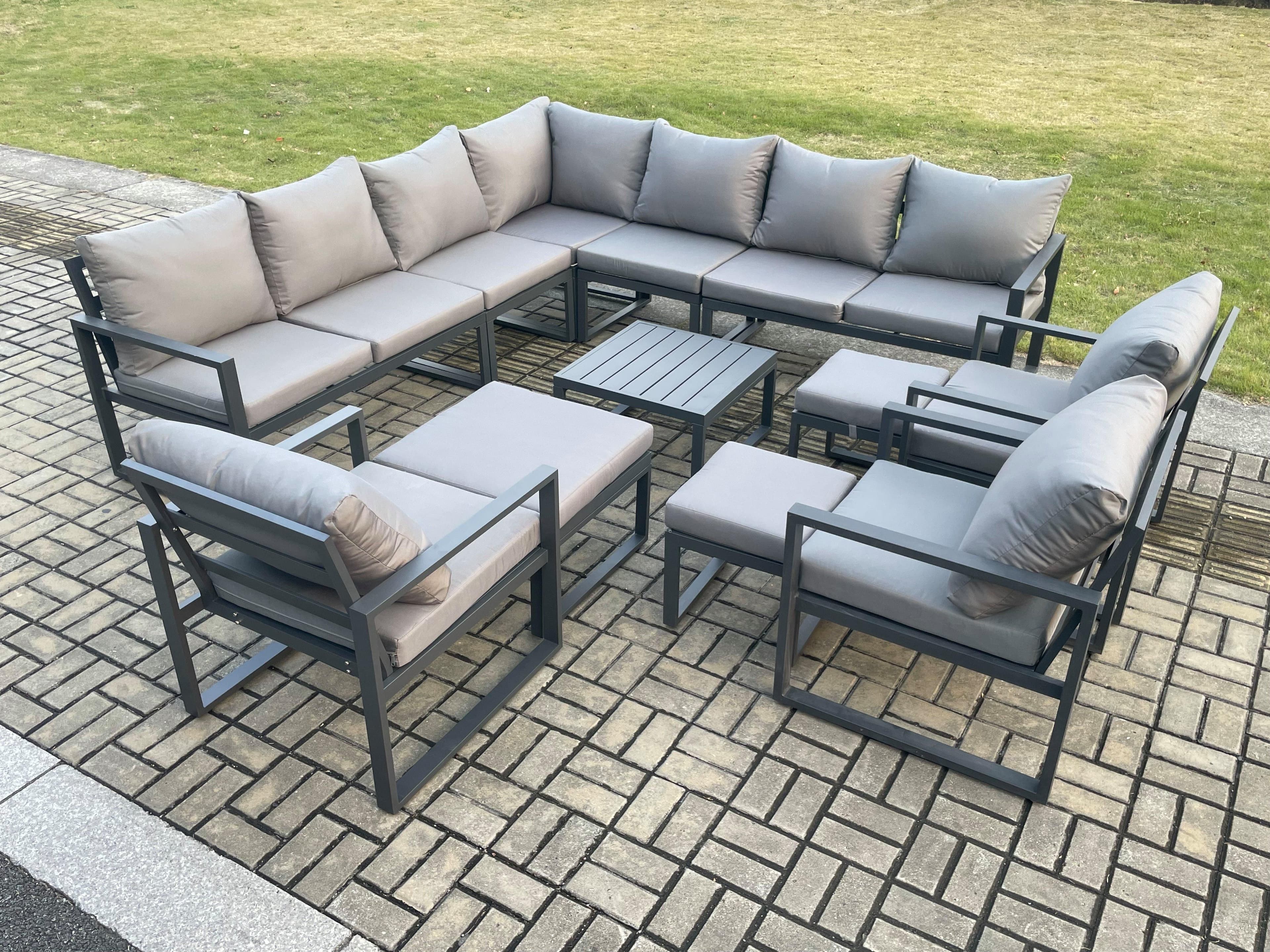 13 Seater Outdoor Garden Furniture Set Aluminium Lounge Corner Sofa Square Coffee Table 3 Pcs Chair Sets 3 Footstools