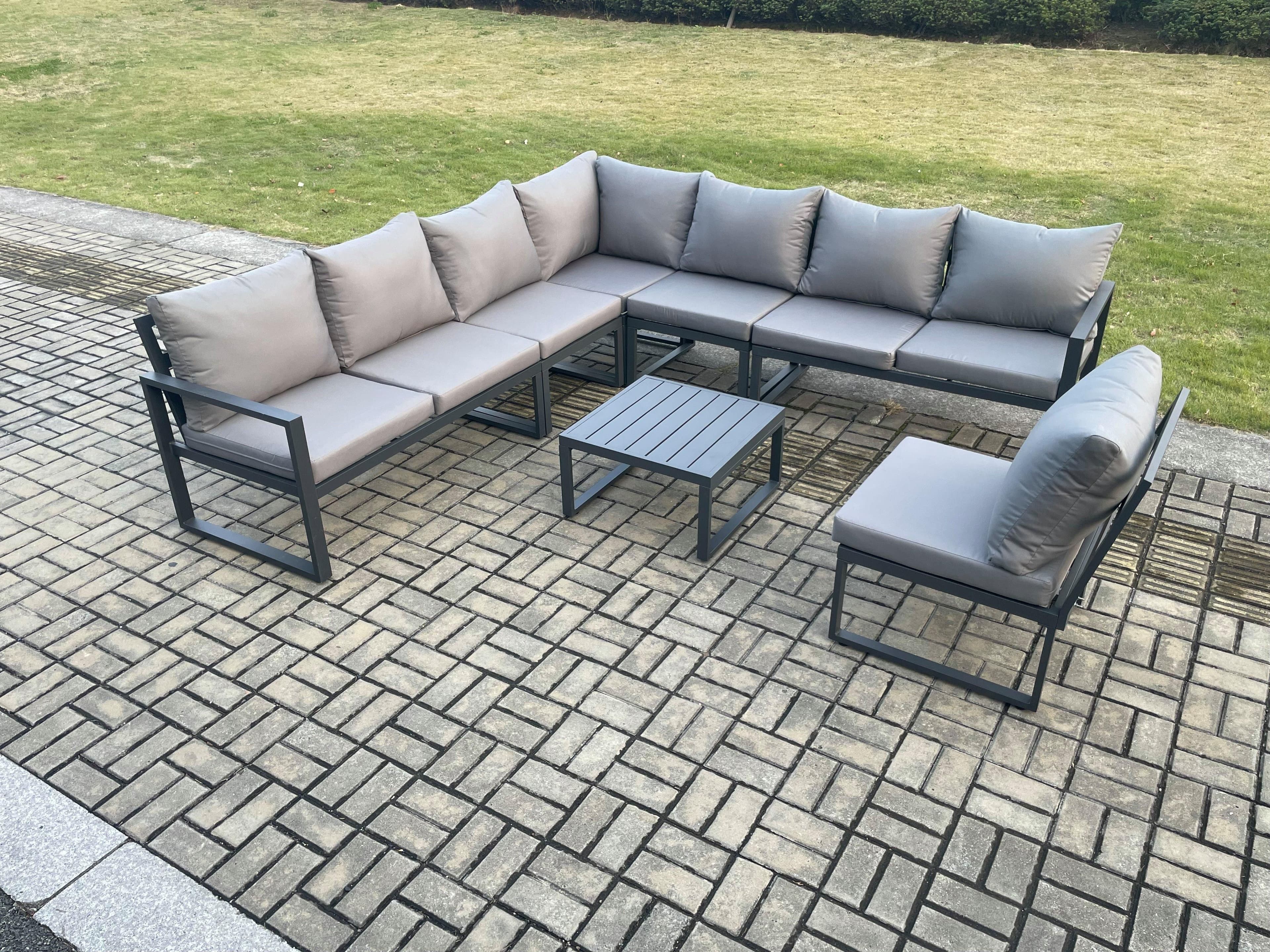 8 Seater Patio Outdoor Garden Furniture Aluminium Lounge Corner Sofa Set Square Coffee Table Dark Grey