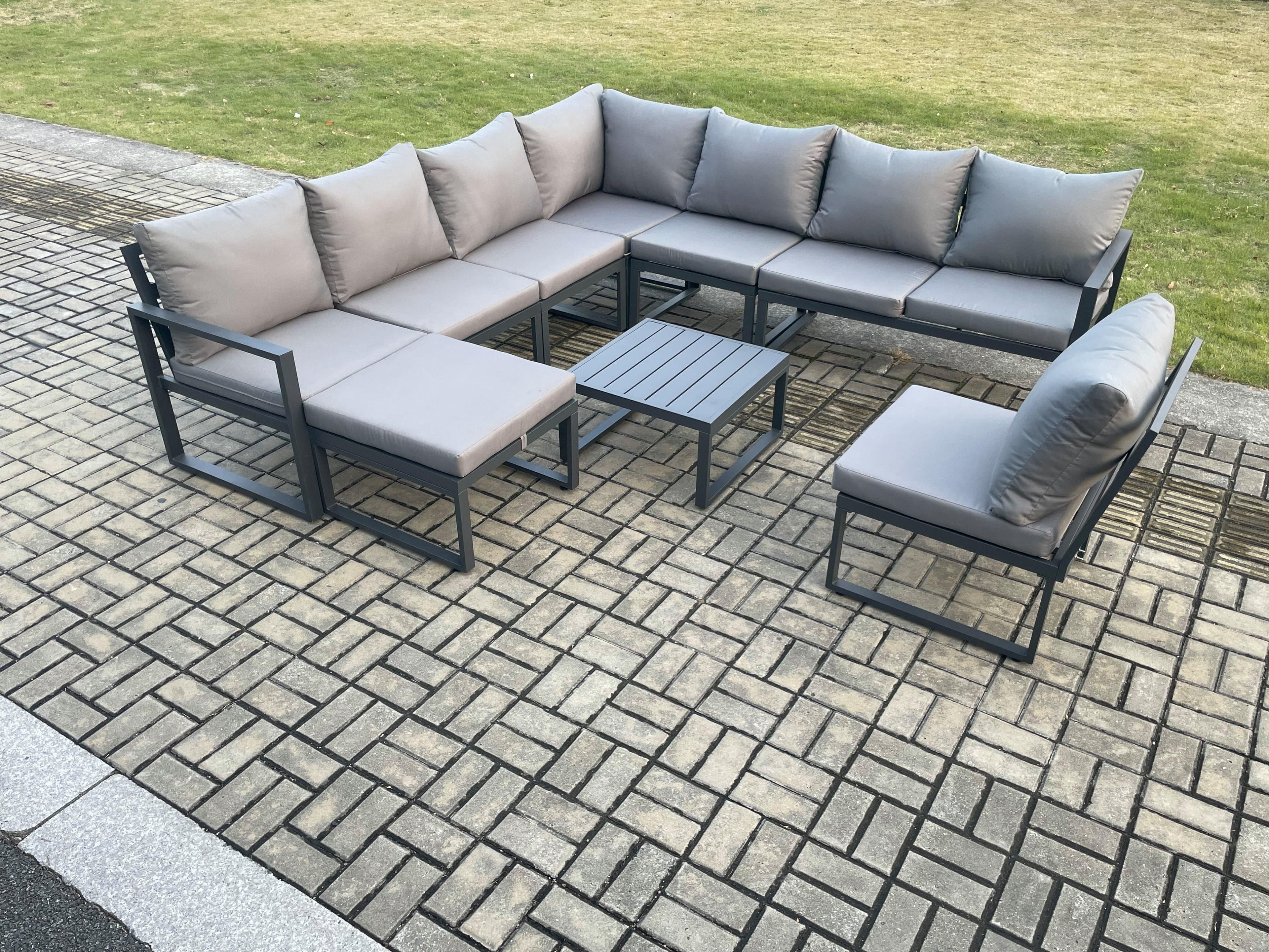 9 Seater Patio Outdoor Garden Furniture Aluminium Lounge Corner Sofa Set Square Coffee Table Big Footstool Dark Grey