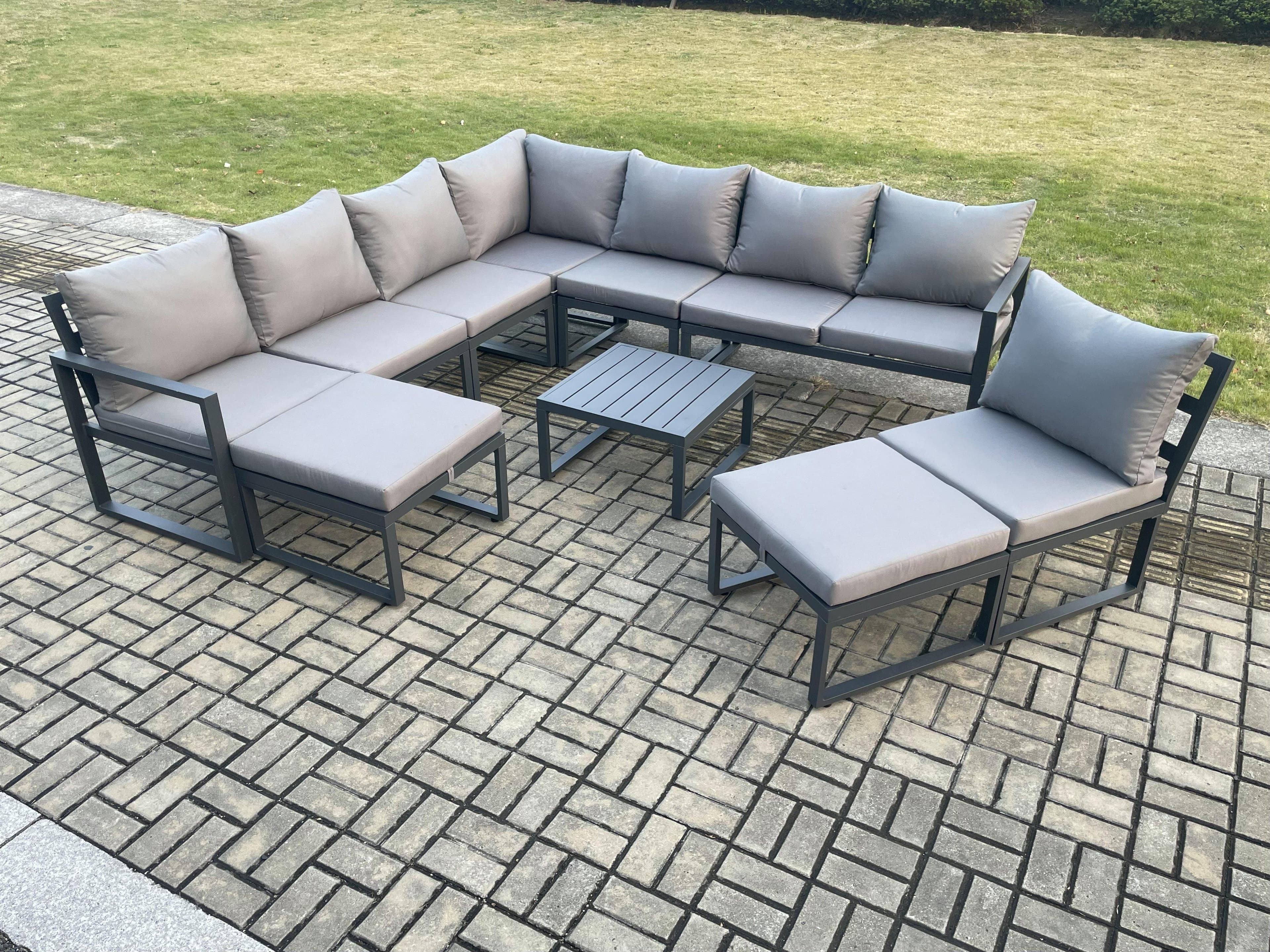 10 Seater Patio Outdoor Garden Furniture Aluminium Lounge Corner Sofa Set Square Coffee Table 2 Big Footstools Dark Grey