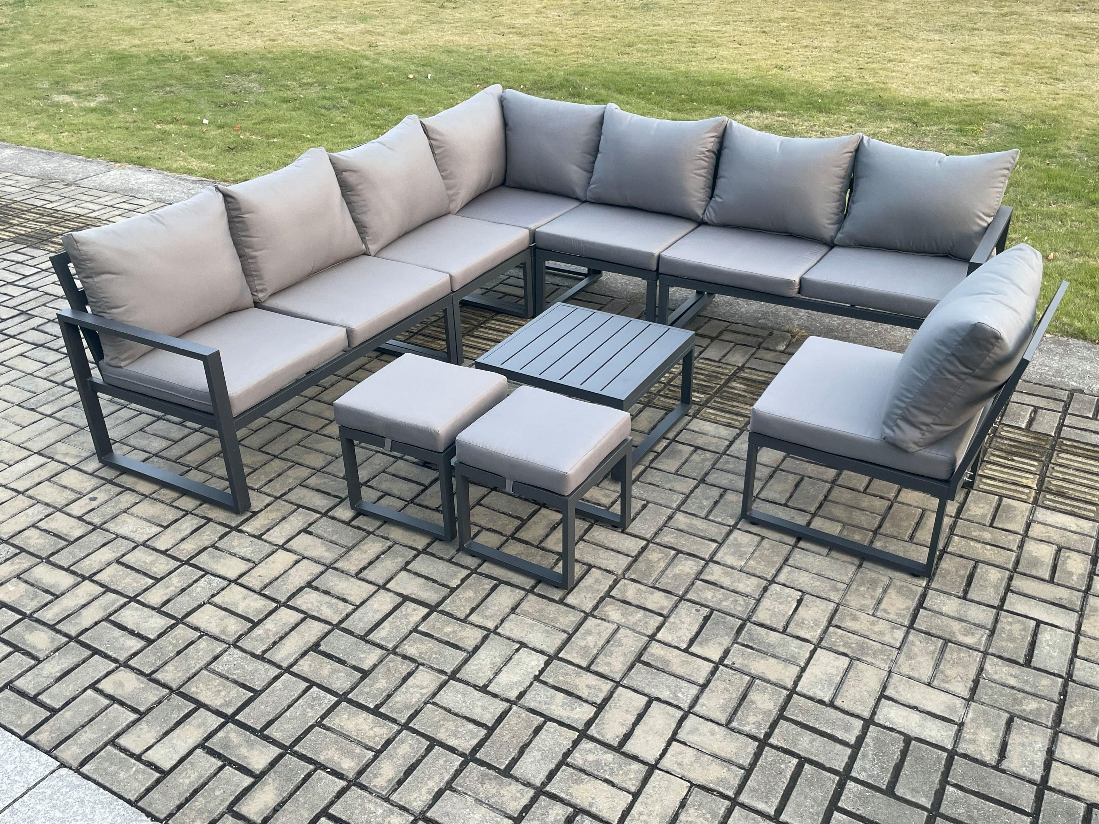 10 Seater Patio Outdoor Garden Furniture Aluminium Lounge Corner Sofa Set Square Coffee Table 2 Small Footstools Dark Grey