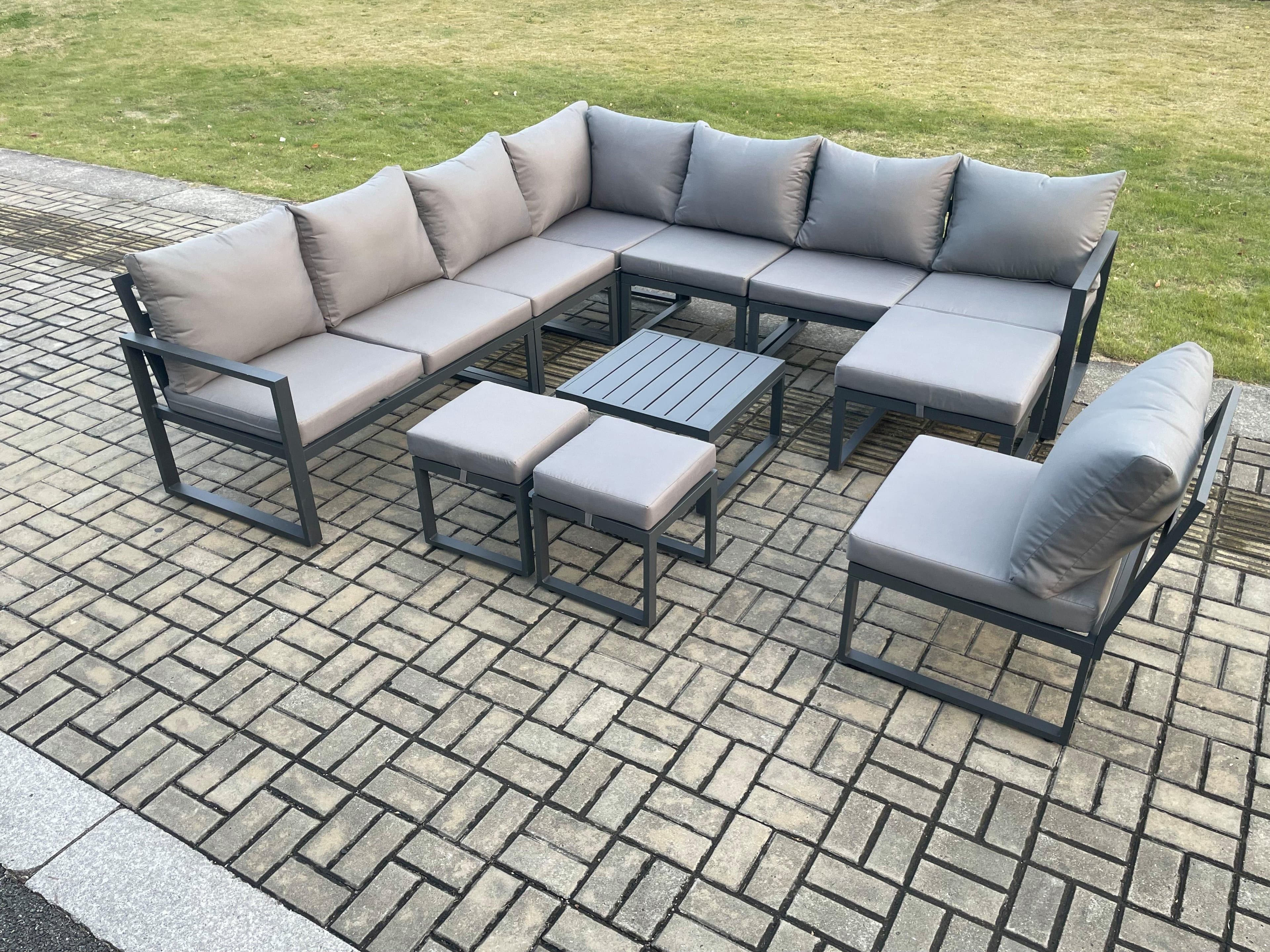 11 Seater Patio Outdoor Garden Furniture Aluminium Lounge Corner Sofa Set Square Coffee Table 3 Footstools Dark Grey
