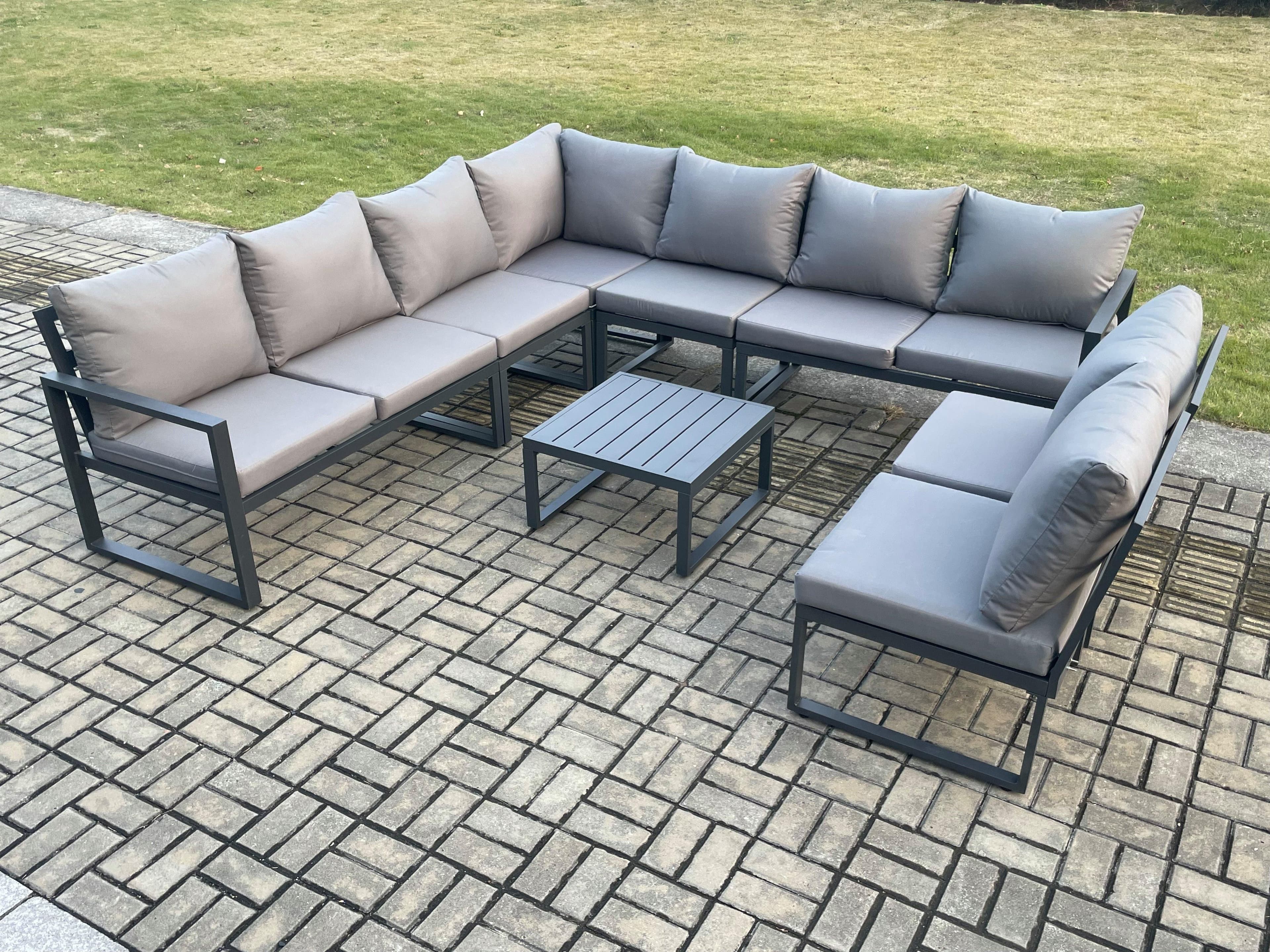 9 Seater Patio Outdoor Garden Furniture Aluminium Lounge Corner Sofa Set Square Coffee Table Dark Grey