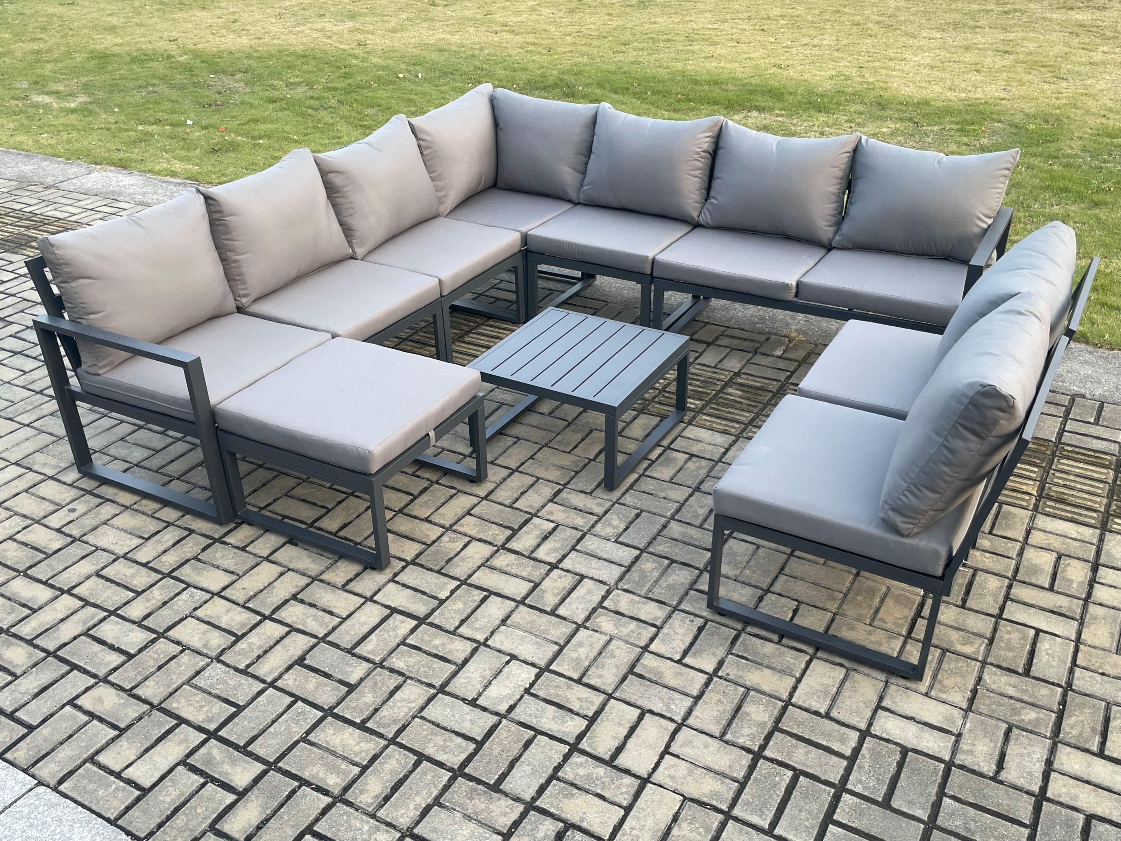 10 Seater Patio Outdoor Garden Furniture Aluminium Lounge Corner Sofa Set Square Coffee Table Big Footstool Dark Grey
