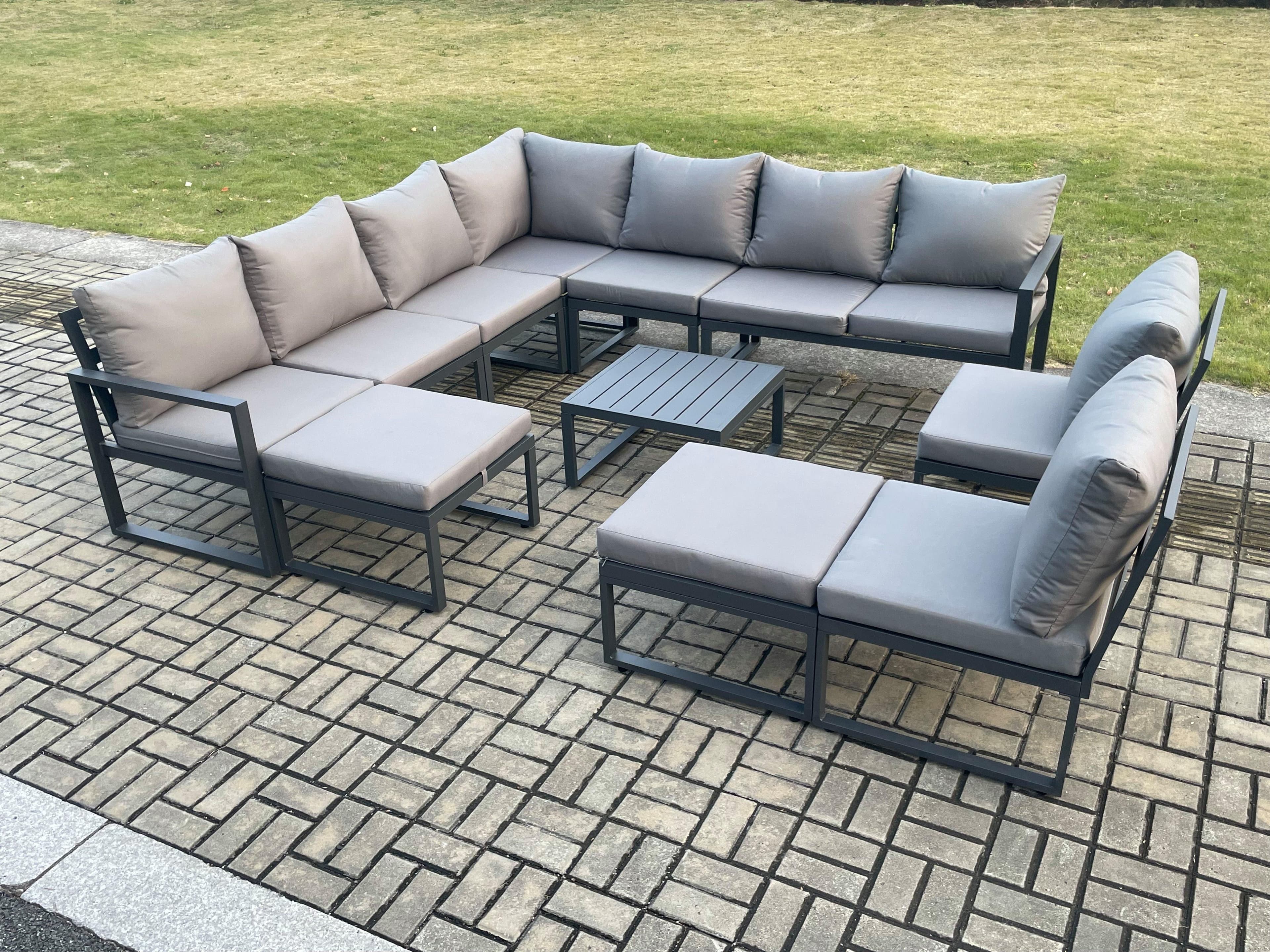 11 Seater Patio Outdoor Garden Furniture Aluminium Lounge Corner Sofa Set Square Coffee Table 2 Big Footstools Dark Grey
