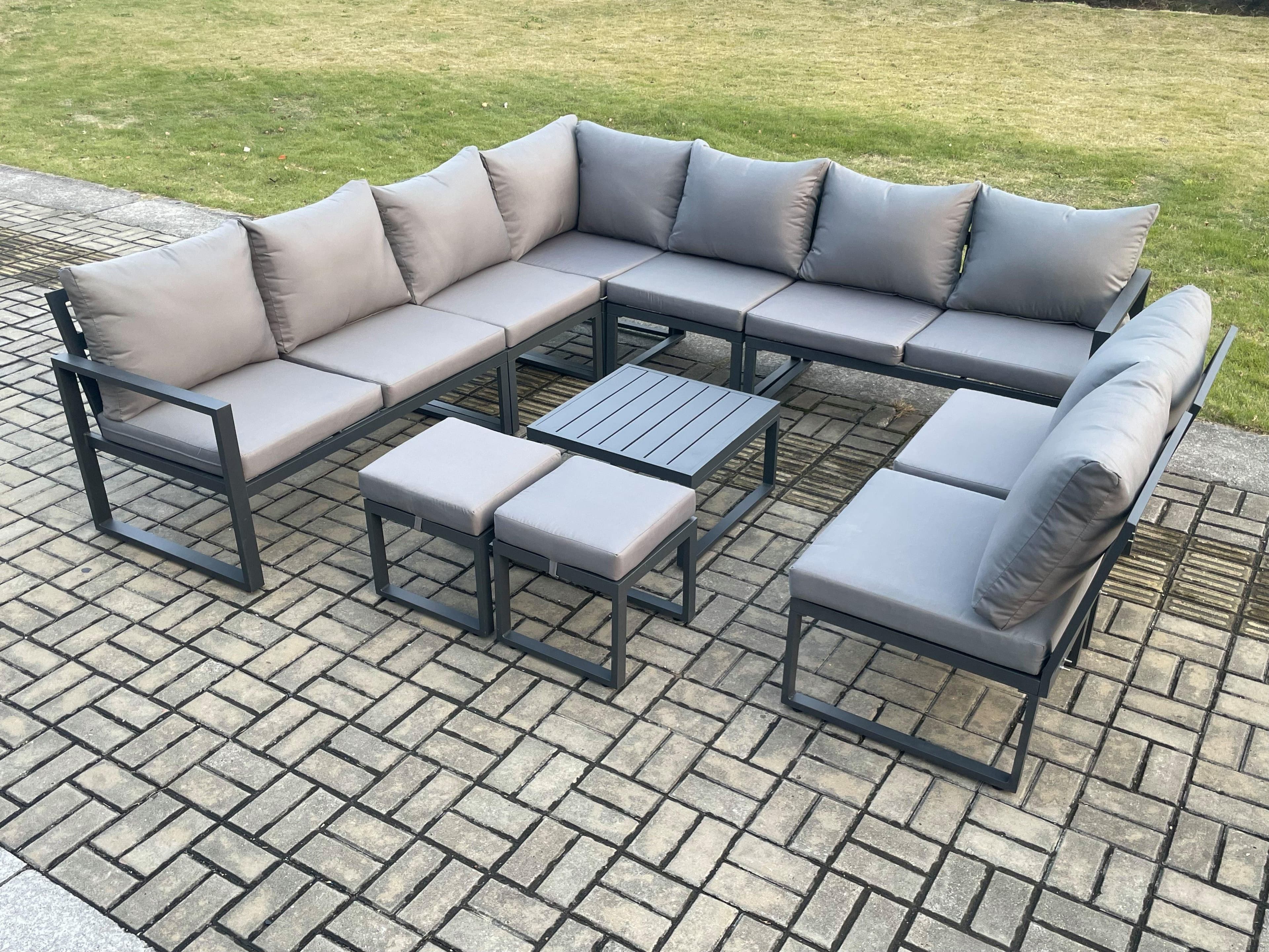 11 Seater Patio Outdoor Garden Furniture Aluminium Lounge Corner Sofa Set Square Coffee Table 2 Small Footstools Dark Grey