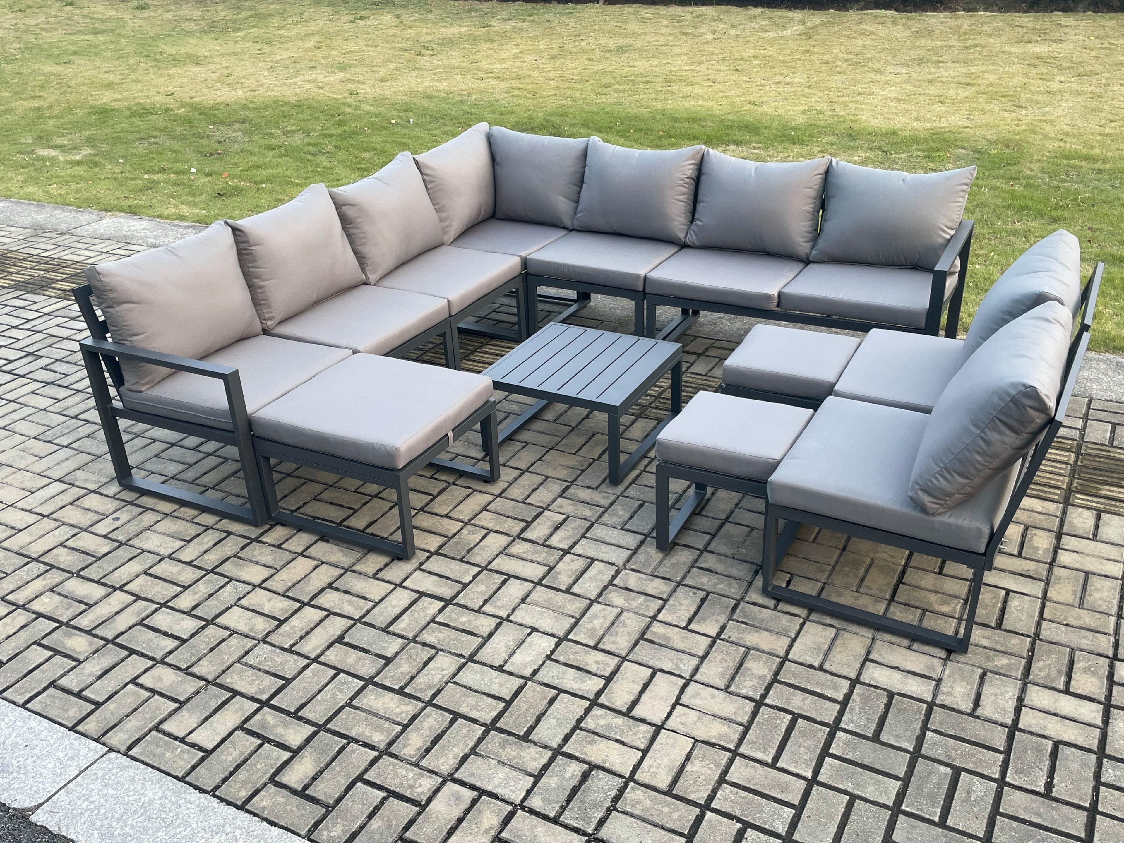 12 Seater Patio Outdoor Garden Furniture Aluminium Lounge Corner Sofa Set Square Coffee Table 3 Footstools Dark Grey