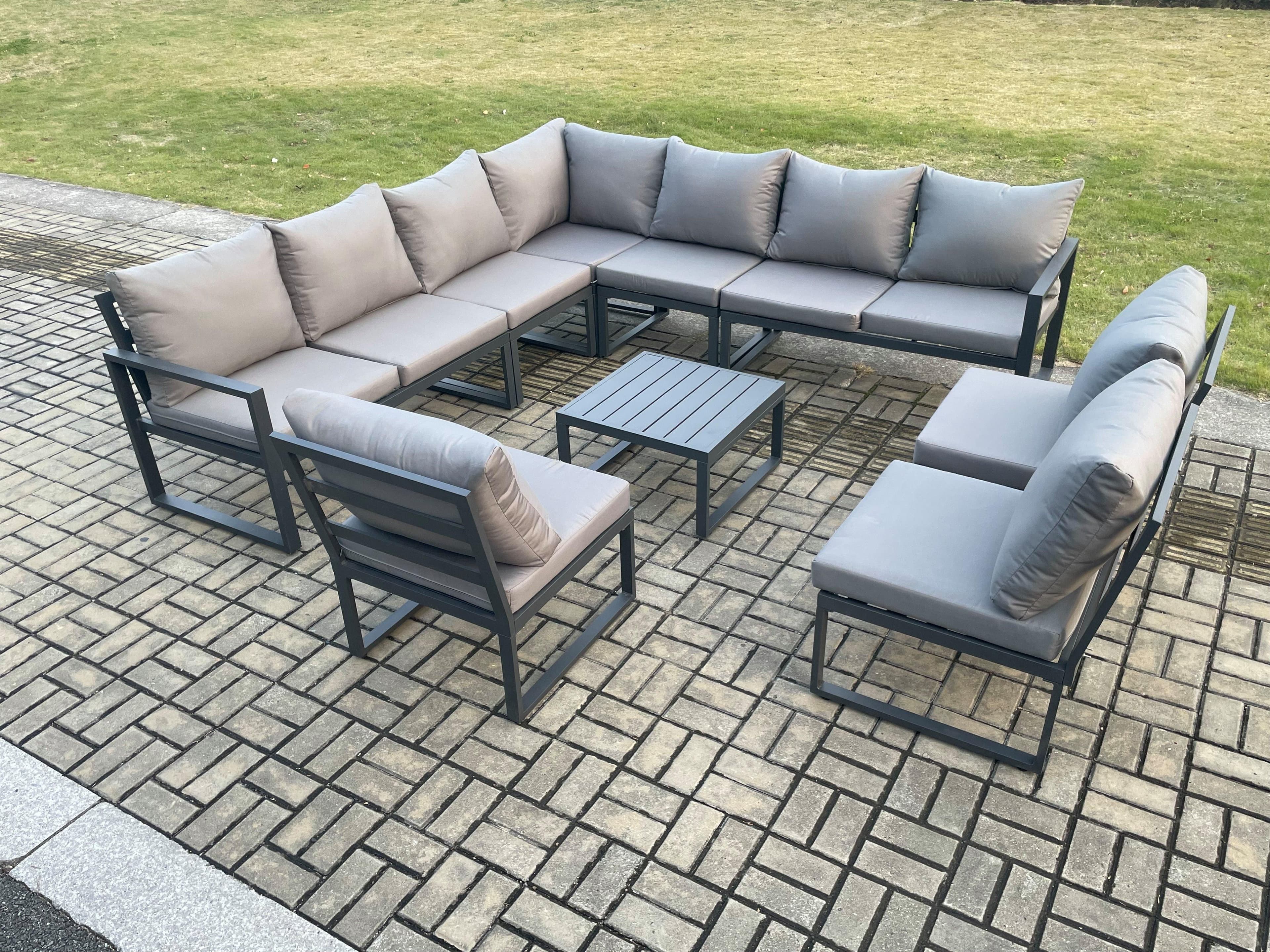 10 Seater Patio Outdoor Garden Furniture Aluminium Lounge Corner Sofa Set Square Coffee Table Dark Grey