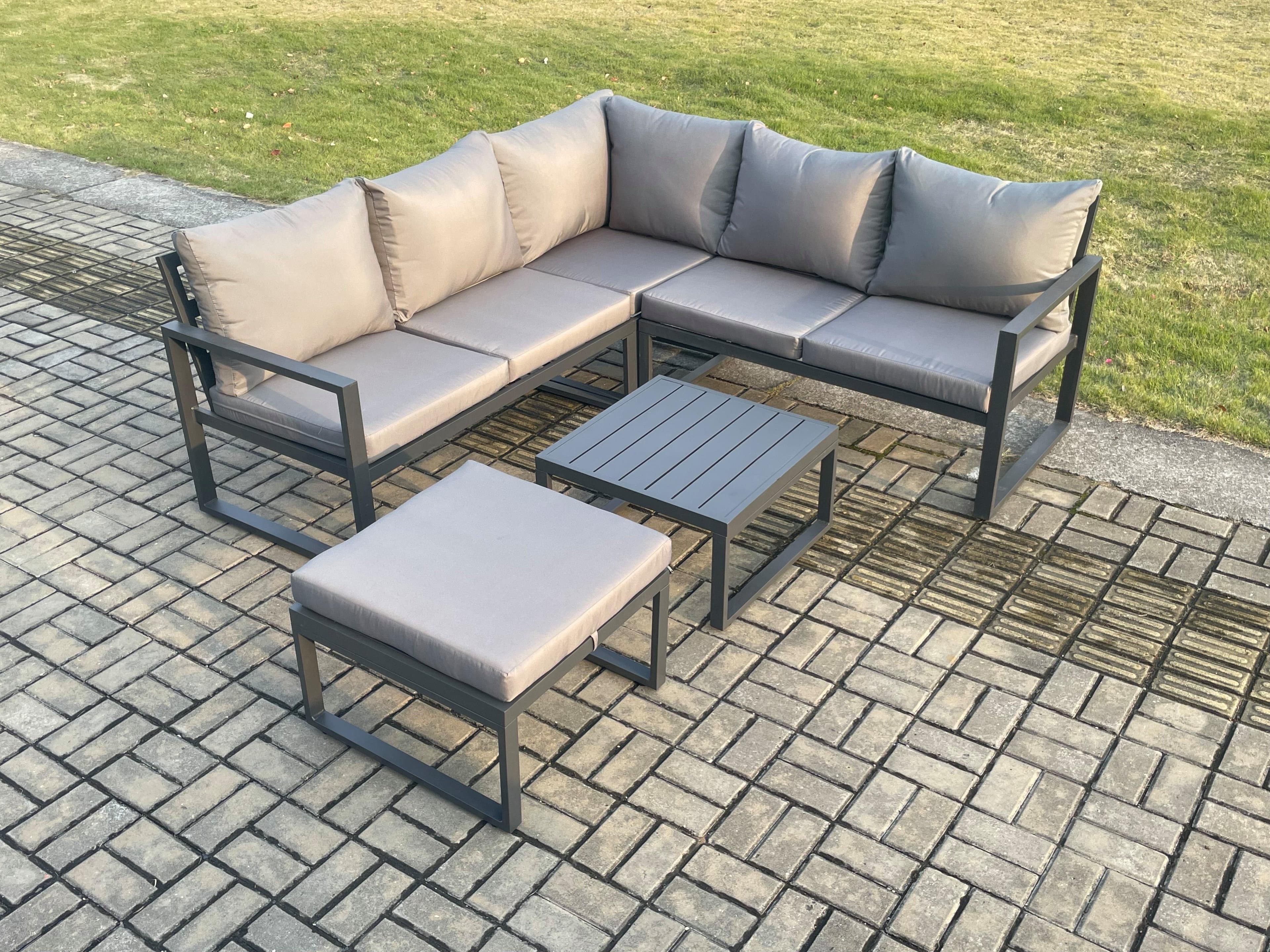Outdoor Garden Furniture Set Aluminium Lounge Sofa Square Coffee Table Sets Big Footstool Set Dark Grey