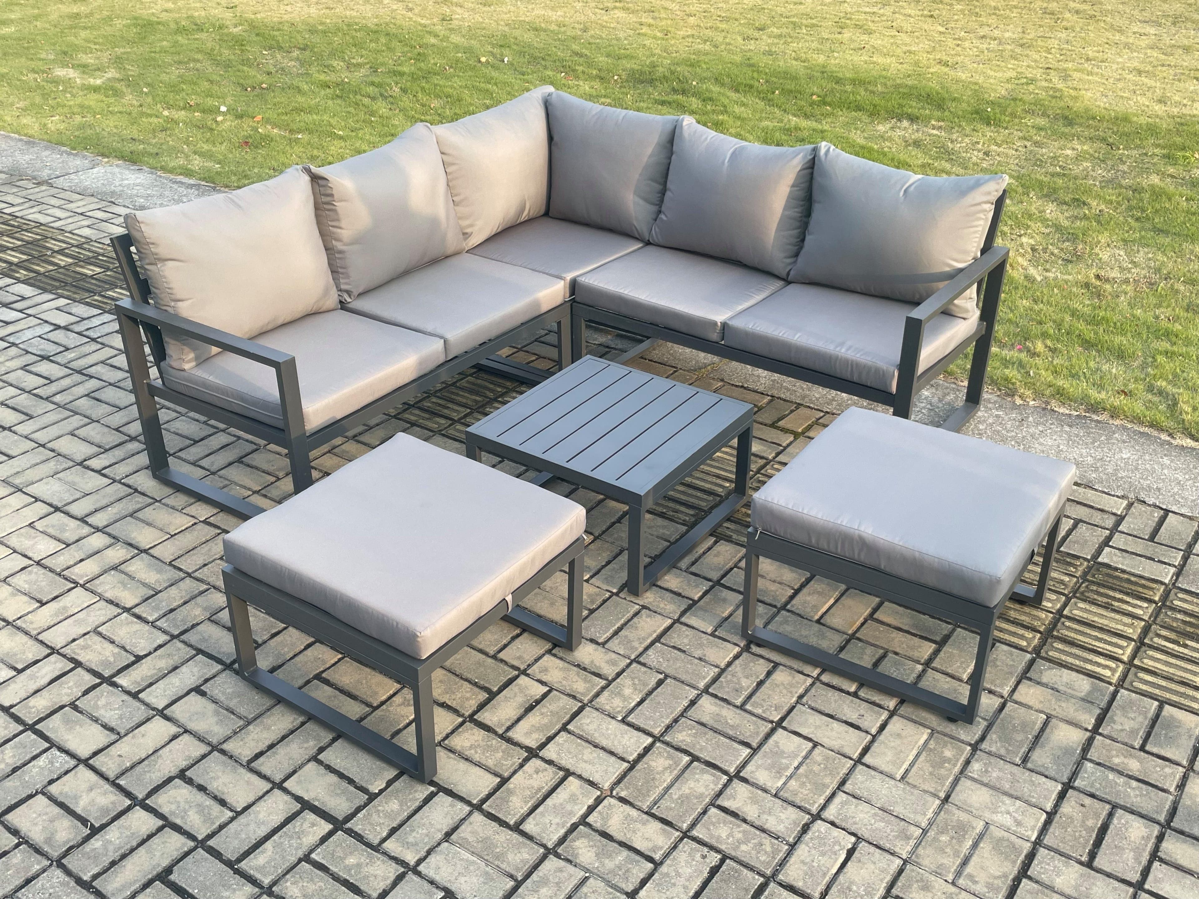 Outdoor Garden Furniture Set Aluminium Lounge Sofa Square Coffee Table Sets 2 Big Footstool Dark Grey