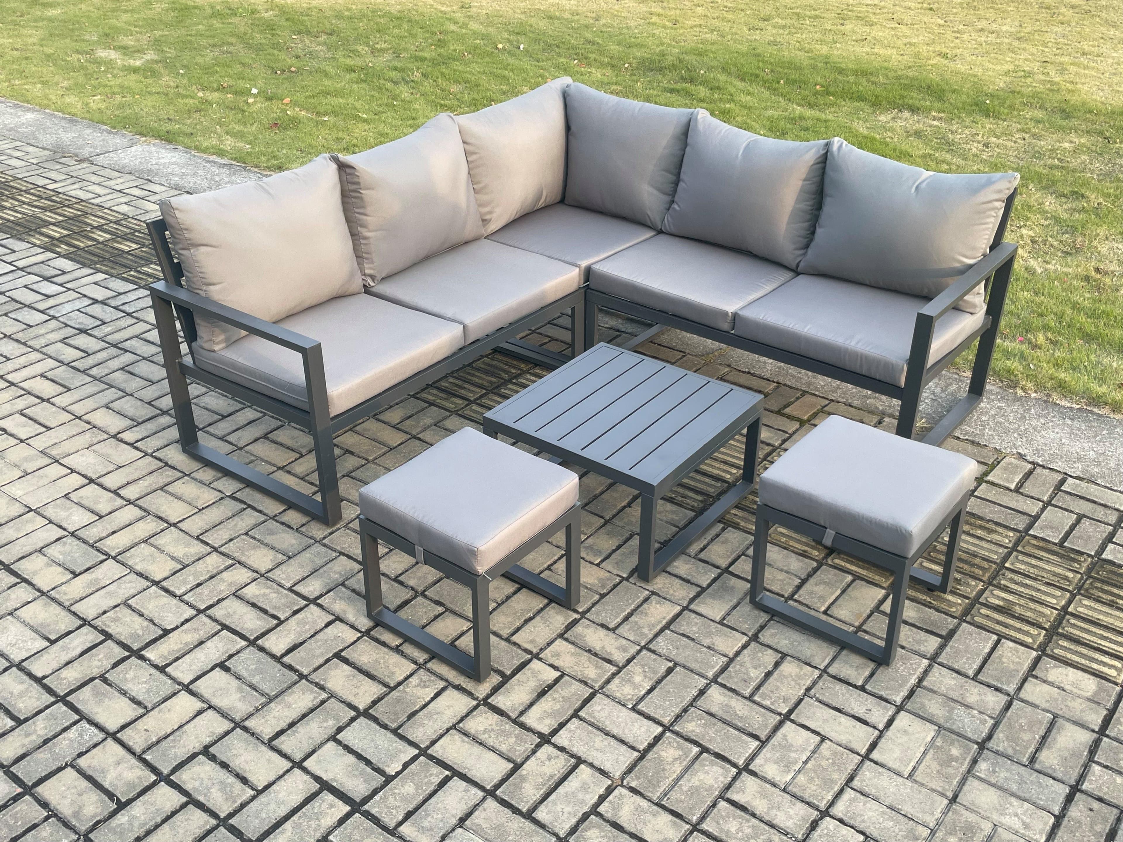 Outdoor Garden Furniture Set Aluminium Lounge Sofa Square Coffee Table Sets 2 Small Footstools