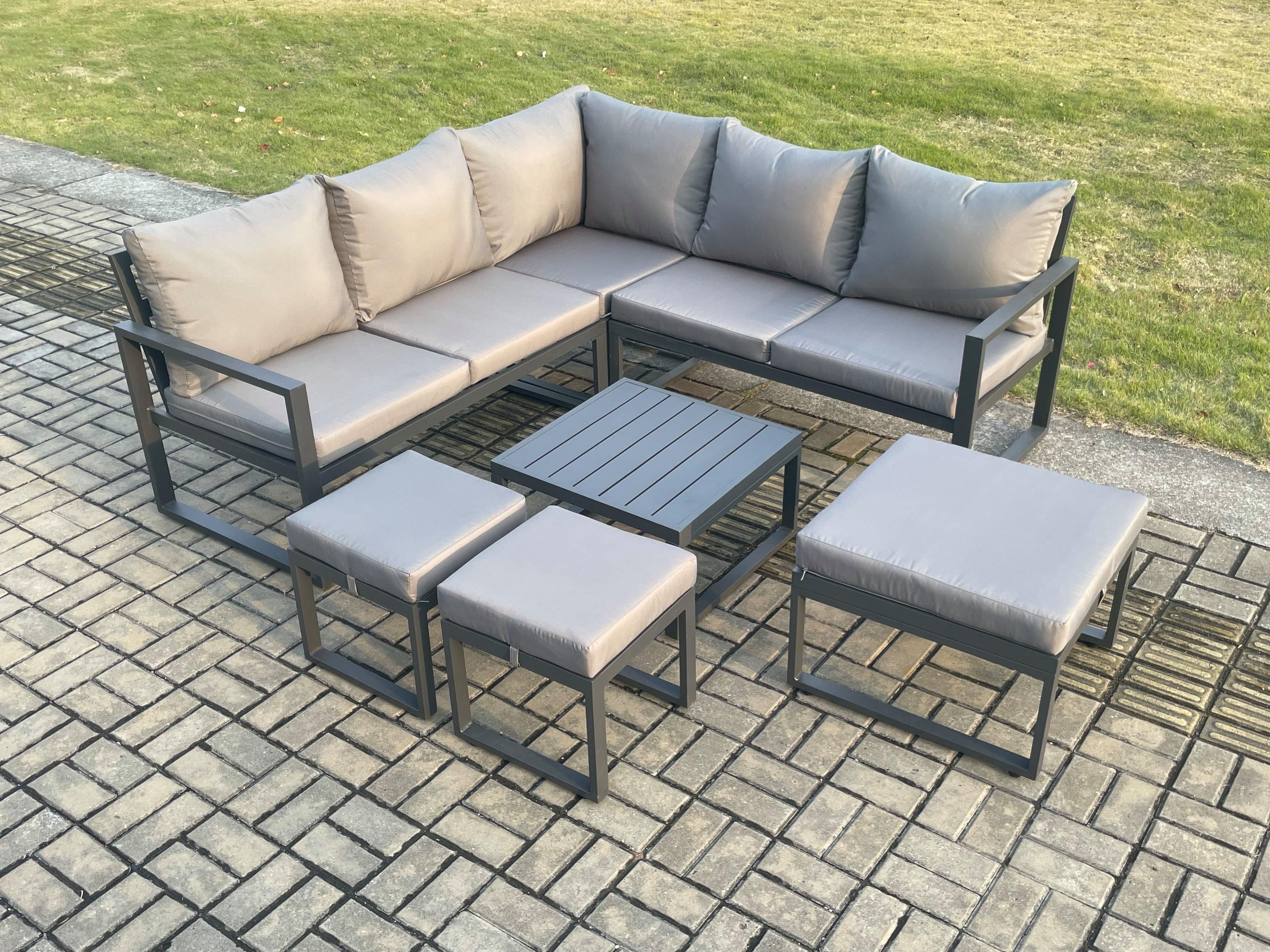 Outdoor Garden Furniture Set Aluminium Lounge Sofa Square Coffee Table Sets 3 Footstools Indoor Conservatory Set