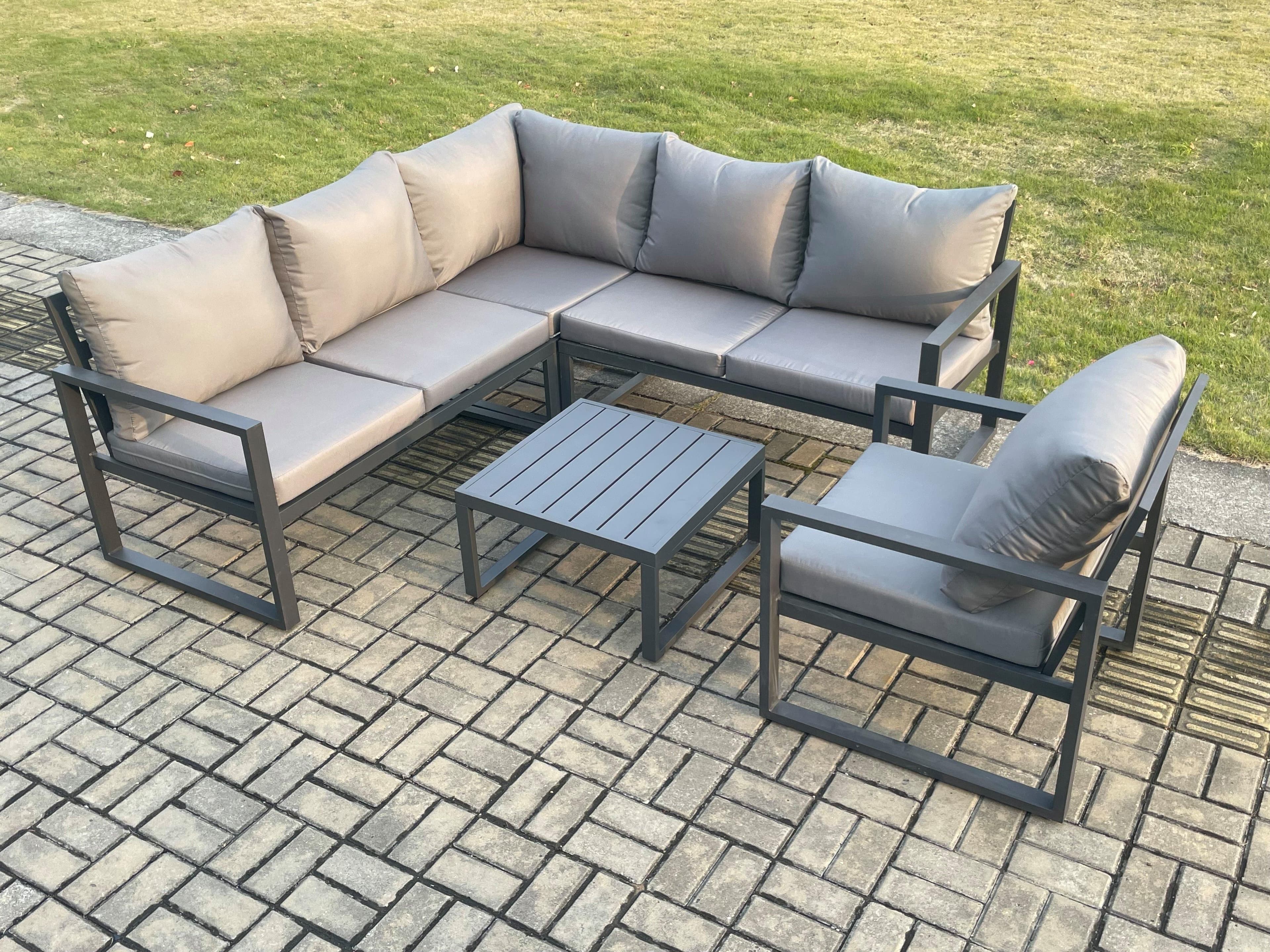 Outdoor Garden Furniture Set Aluminium Lounge Sofa Square Coffee Table Sets Chair Indoor Conservatory Set Dark Grey