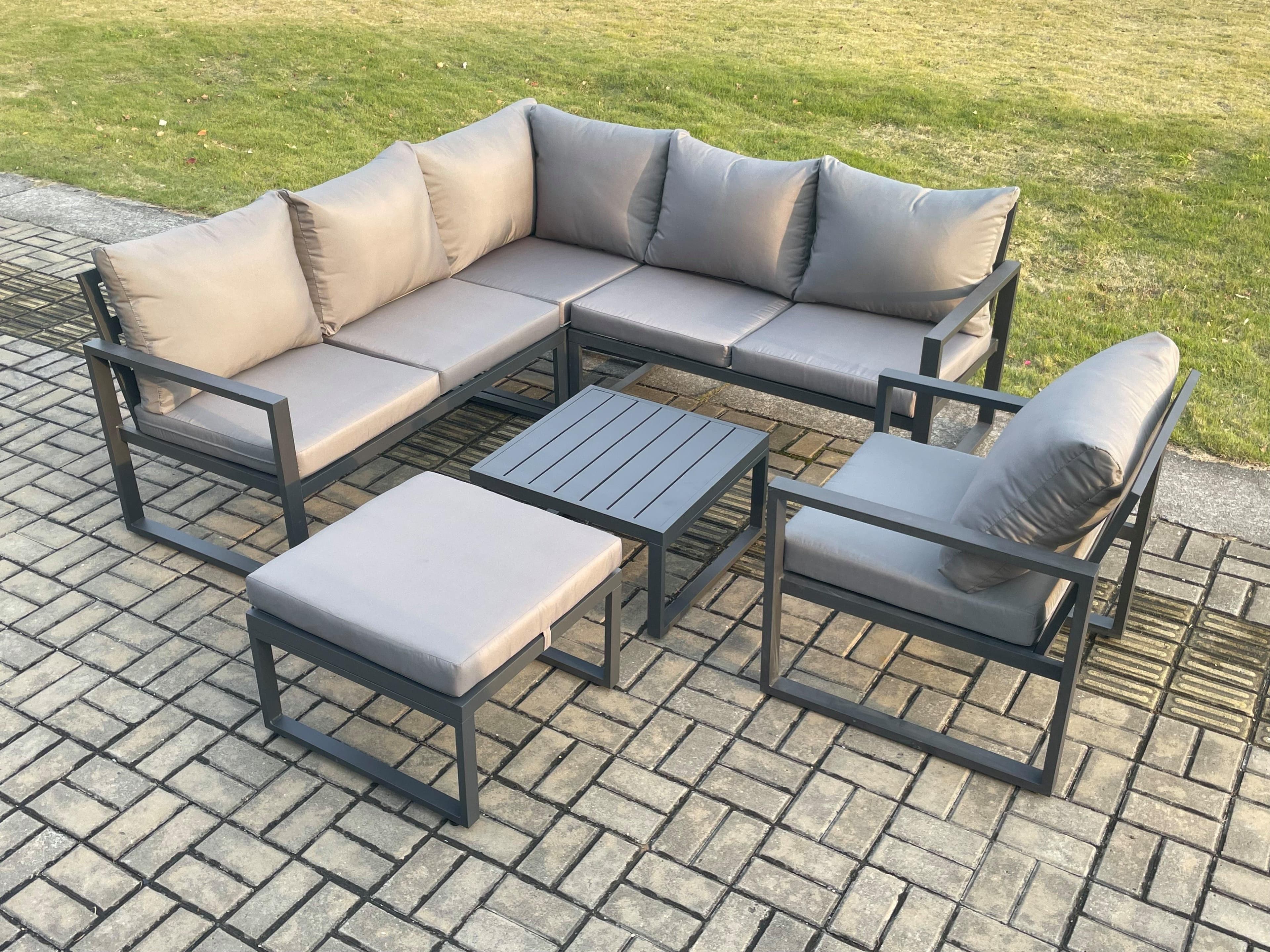 Outdoor Garden Furniture Set Aluminium Lounge Sofa Square Coffee Table Sets Chair Big Footstool Indoor Conservatory Set Dark Grey