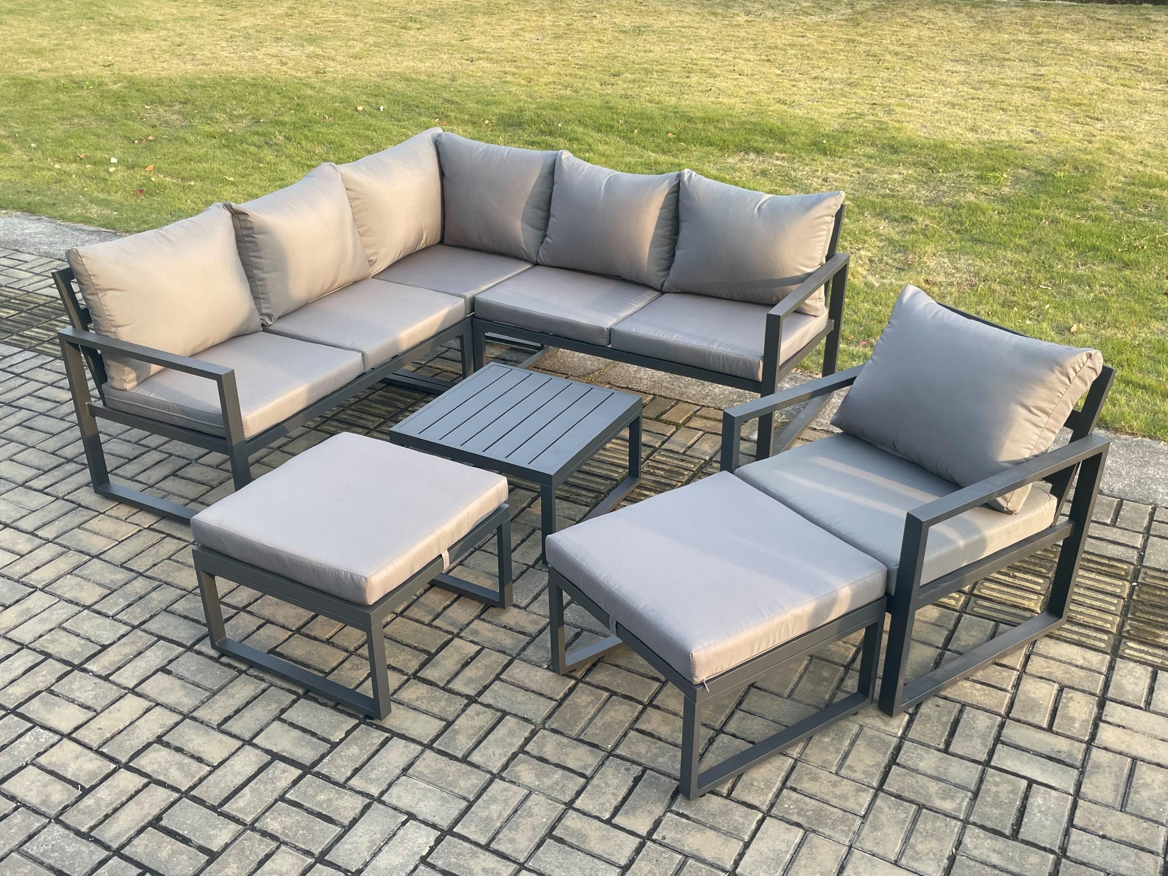 Outdoor Garden Furniture Set Aluminium Lounge Sofa Square Coffee Table Sets Chair 2 Big Footstools Indoor Conservatory Set Dark Grey