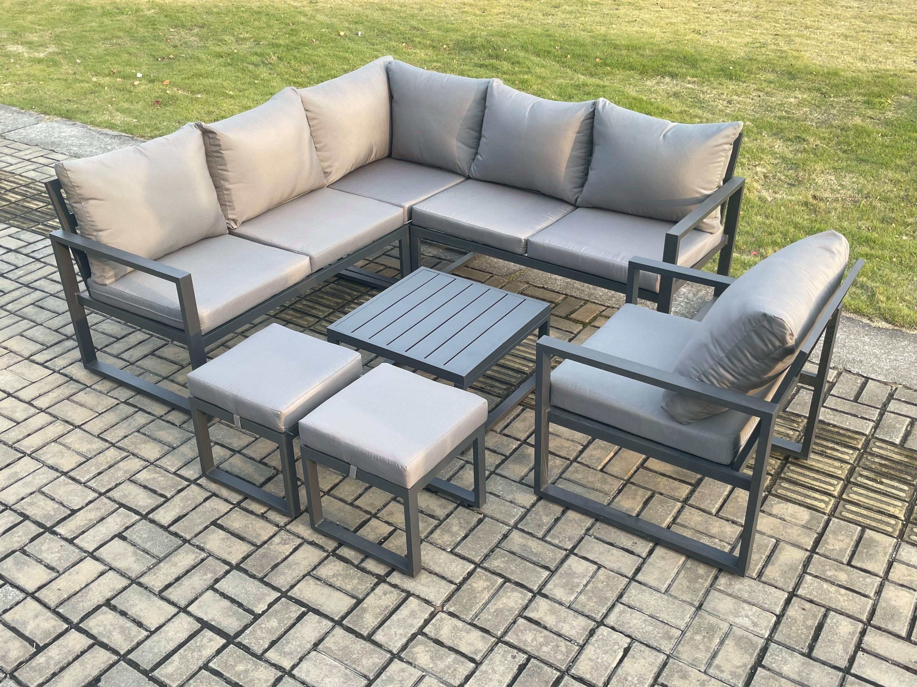 Outdoor Garden Furniture Set Aluminium Lounge Sofa Square Coffee Table Sets Chair 2 Small Footstools Indoor Conservatory Set