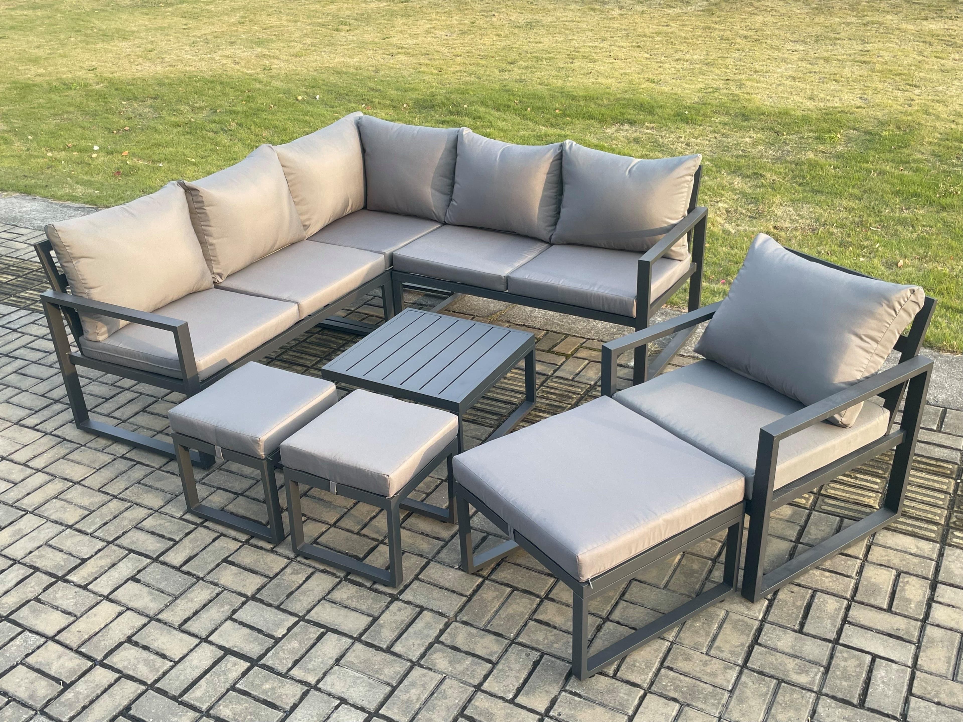 Outdoor Garden Furniture Set Aluminium Lounge Sofa Square Coffee Table Sets Chair 3 Footstools Indoor Conservatory Set Dark Grey
