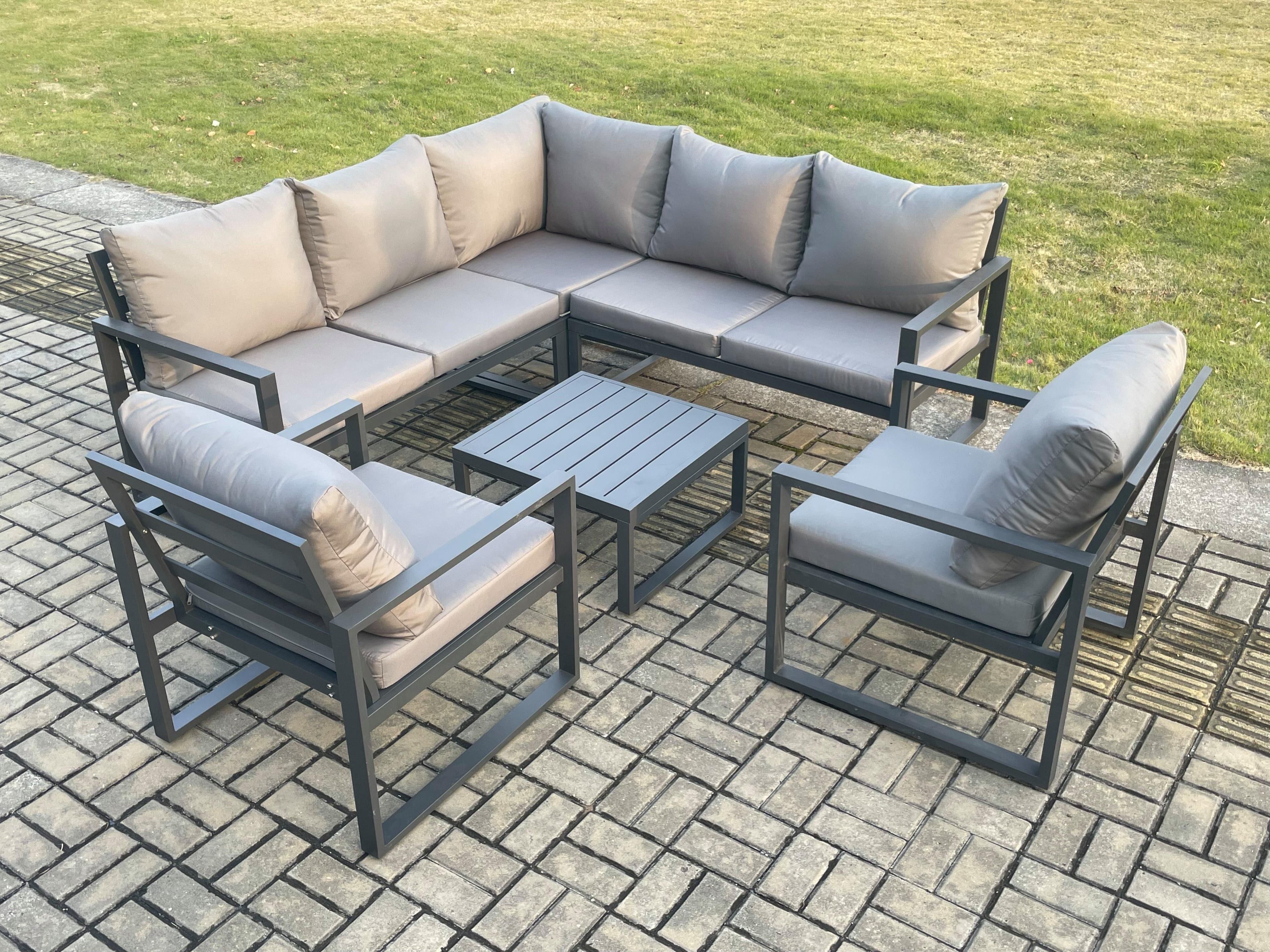 Outdoor Garden Furniture Set Aluminium Lounge Sofa Square Coffee Table Sets 2 Pcs Chair Indoor Conservatory Set Dark Grey