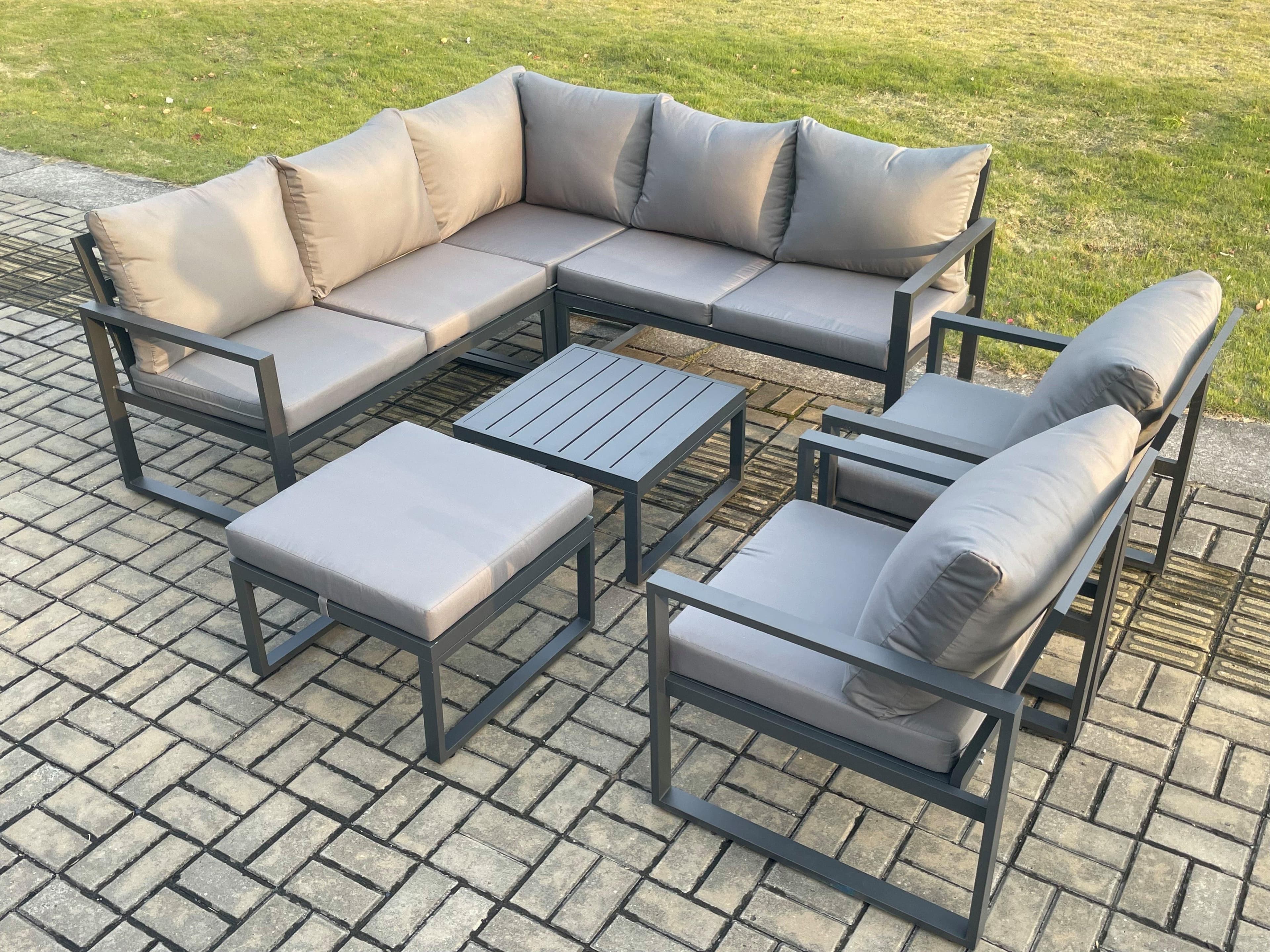 Outdoor Garden Furniture Set Aluminium Lounge Sofa Square Coffee Table Sets 2 Pcs Chair Big Footstool Indoor Conservatory Set Dark Grey