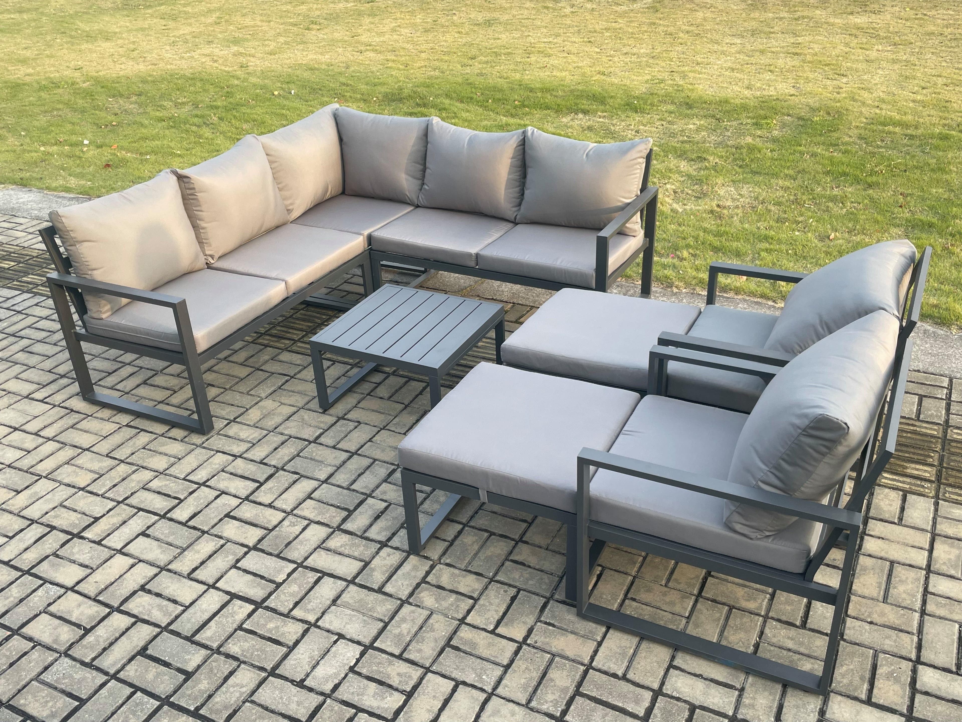 9 Seater Outdoor Aluminium Garden Furniture Set Corner Lounge Sofa Set Square Coffee Table 2 Big Footstools Dark Grey