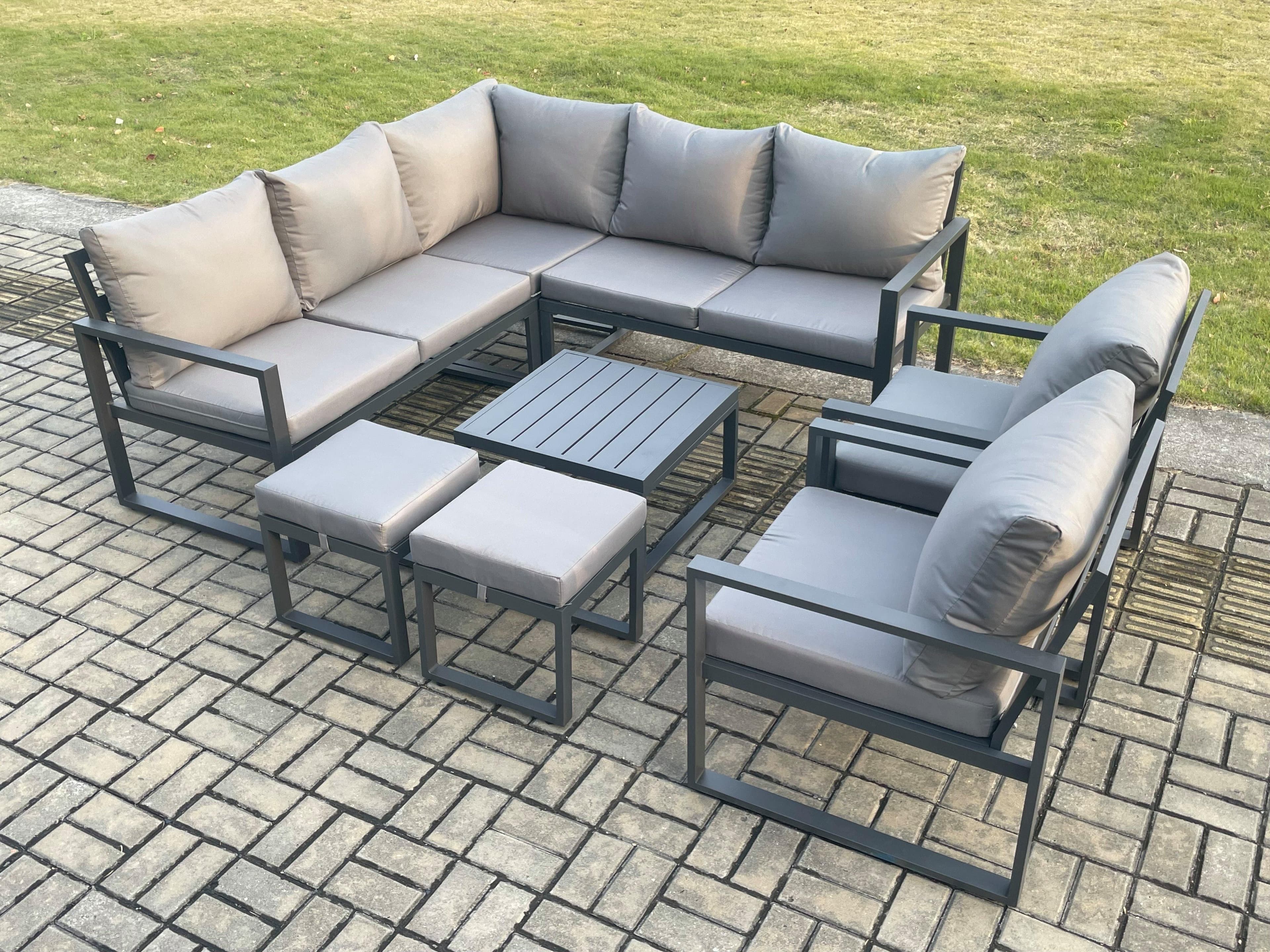 9 Seater Outdoor Aluminium Garden Furniture Set Corner Lounge Sofa Set Square Coffee Table 2 Small Footstools Dark Grey