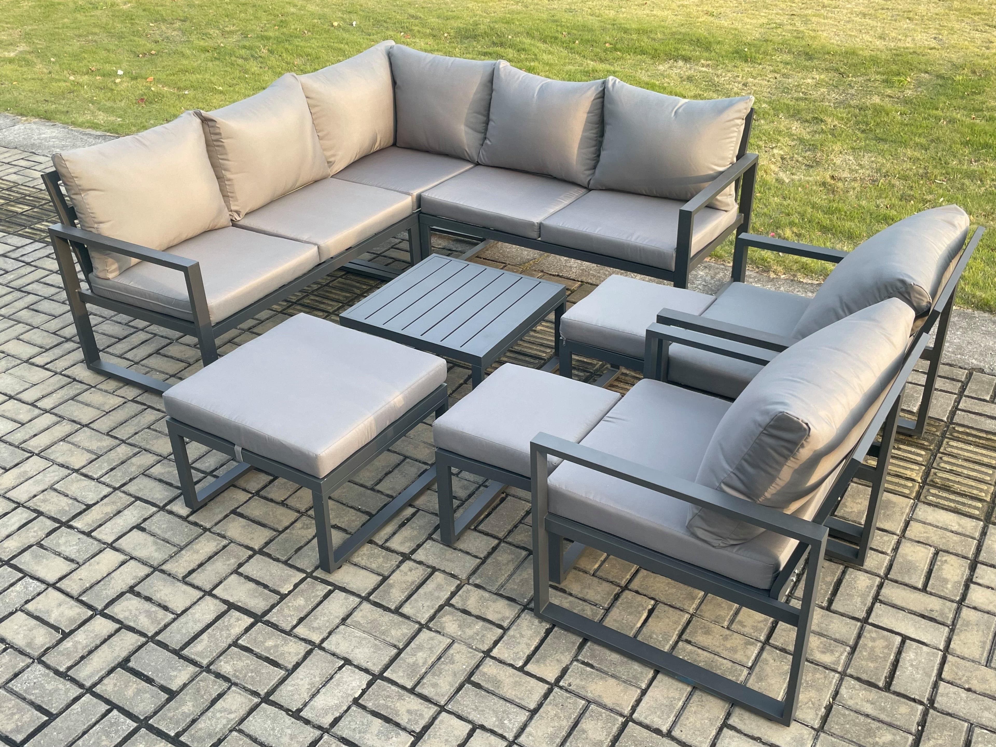 10 Seater Outdoor Aluminium Garden Furniture Set Corner Lounge Sofa Set Square Coffee Table 3 Footstools Dark Grey