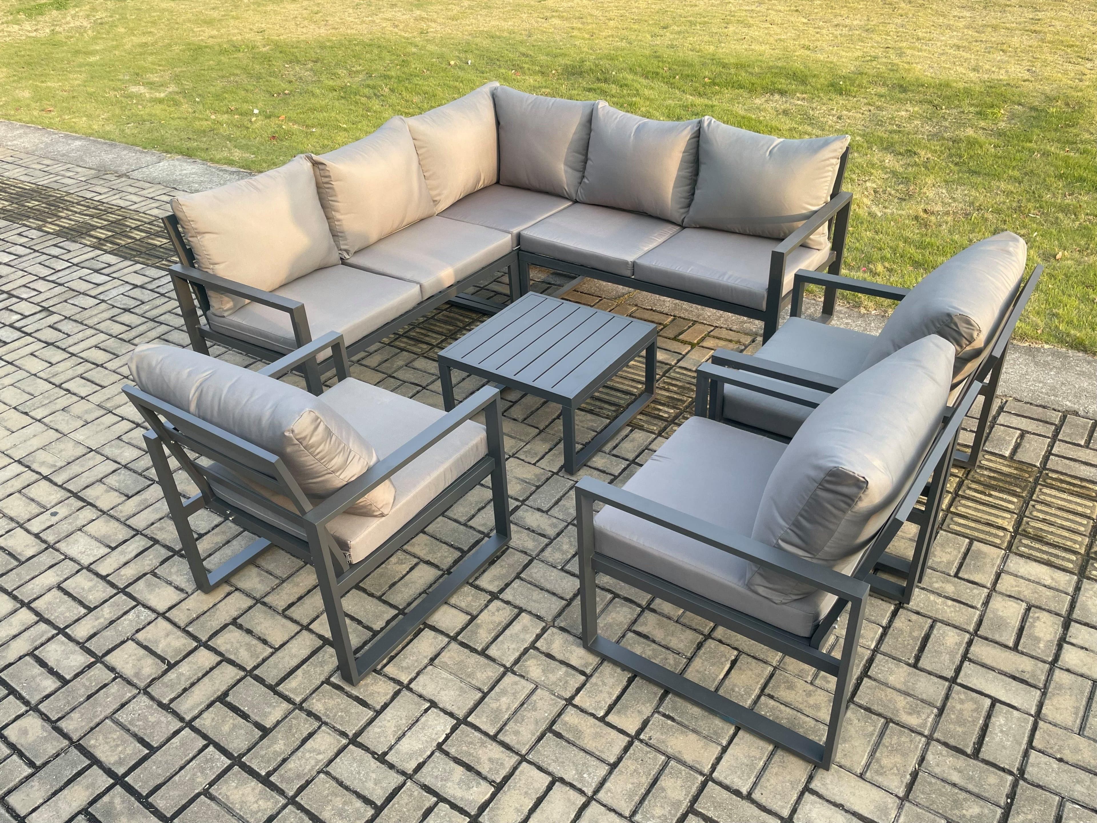 8 Seater Outdoor Aluminium Garden Furniture Set Corner Lounge Sofa Set Square Coffee Table Chair Dark Grey