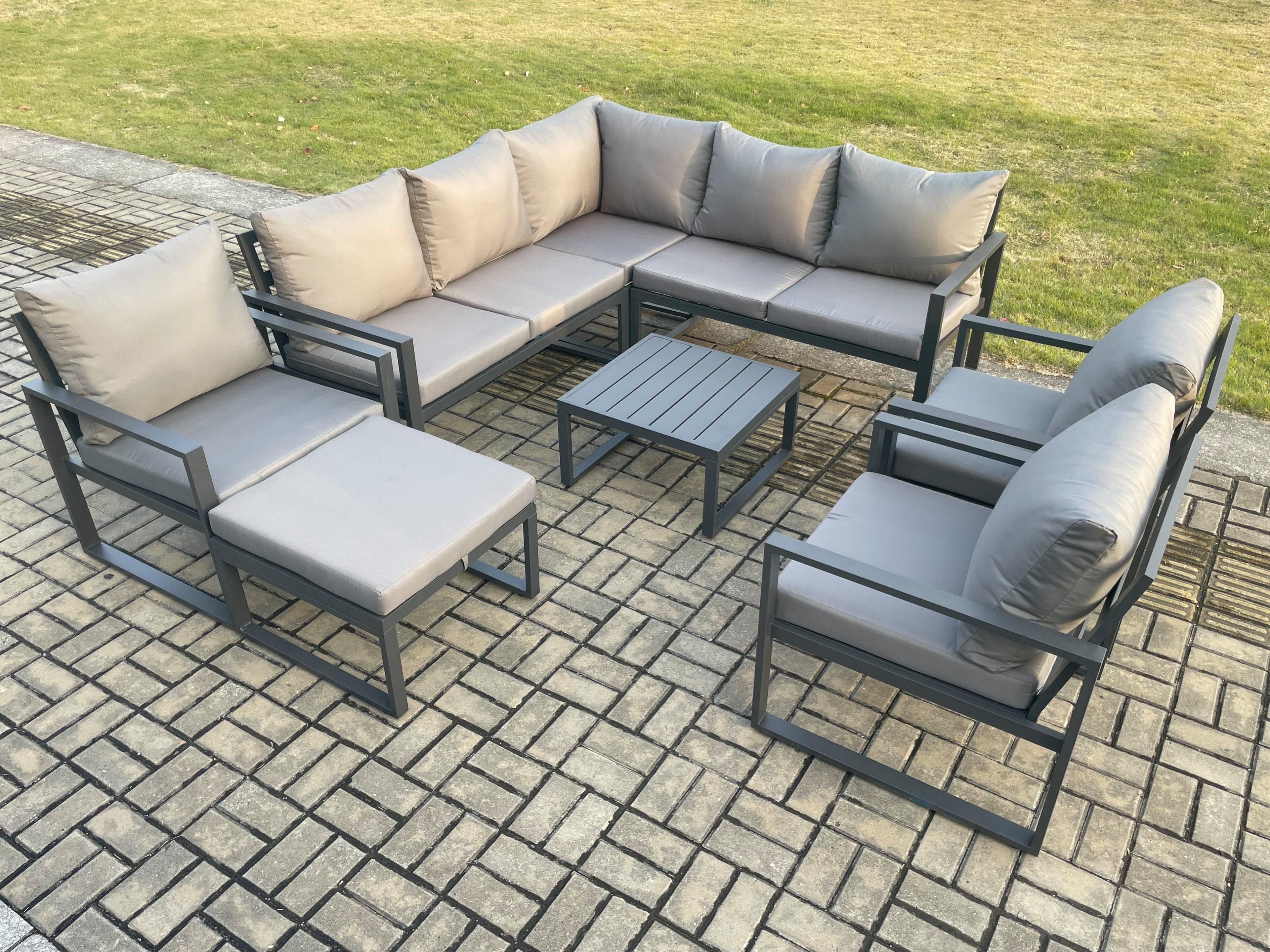 9 Seater Outdoor Aluminium Garden Furniture Set Corner Lounge Sofa Set Square Coffee Table Chair Big Footstool Dark Grey