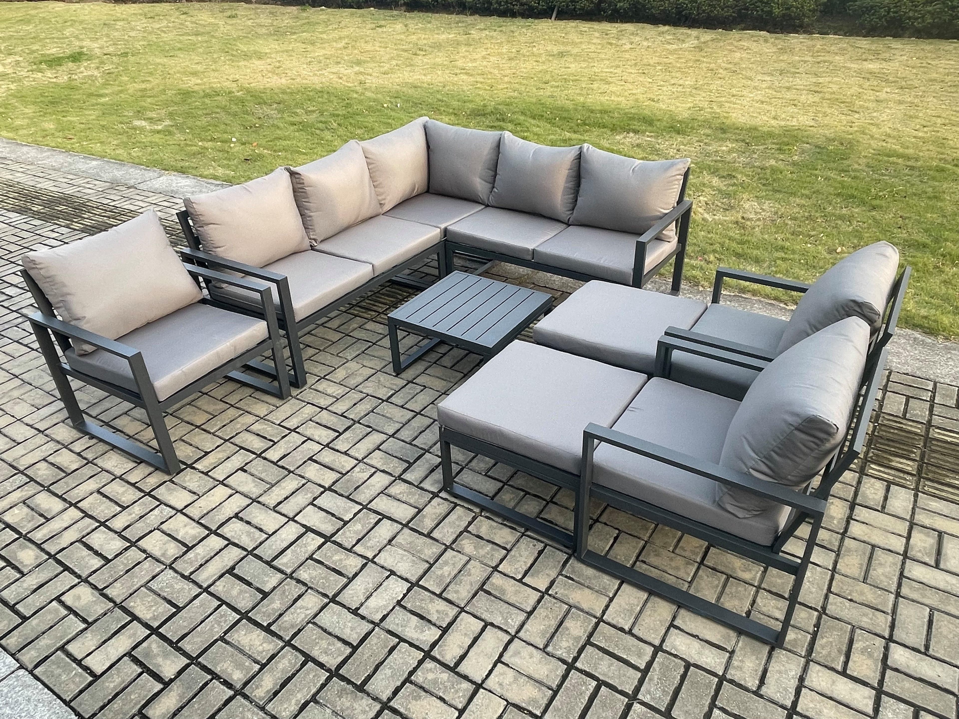 10 Seater Outdoor Aluminium Garden Furniture Set Corner Lounge Sofa Set Square Coffee Table Chair 2 Big Footstools Dark Grey