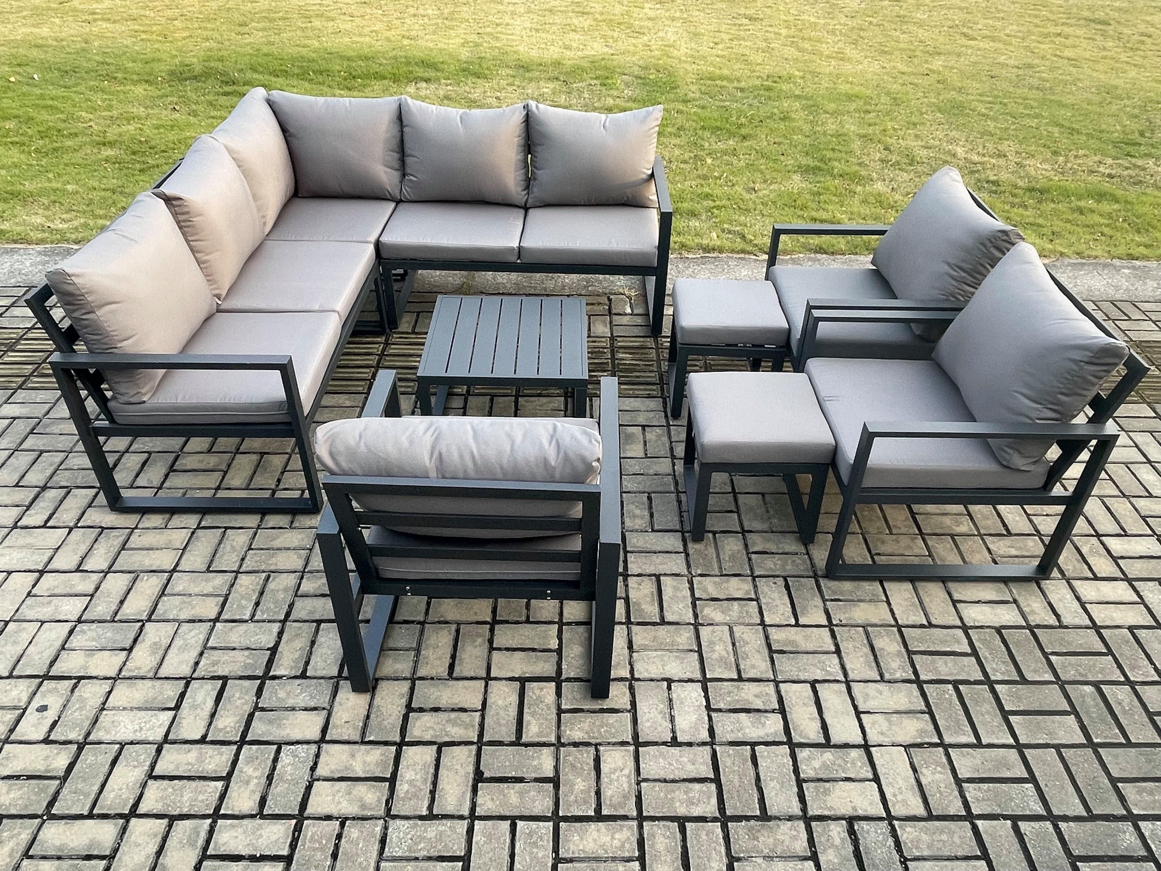 10 Seater Outdoor Aluminium Garden Furniture Set Corner Lounge Sofa Set Square Coffee Table Chair 2 Small Footstools Dark Grey