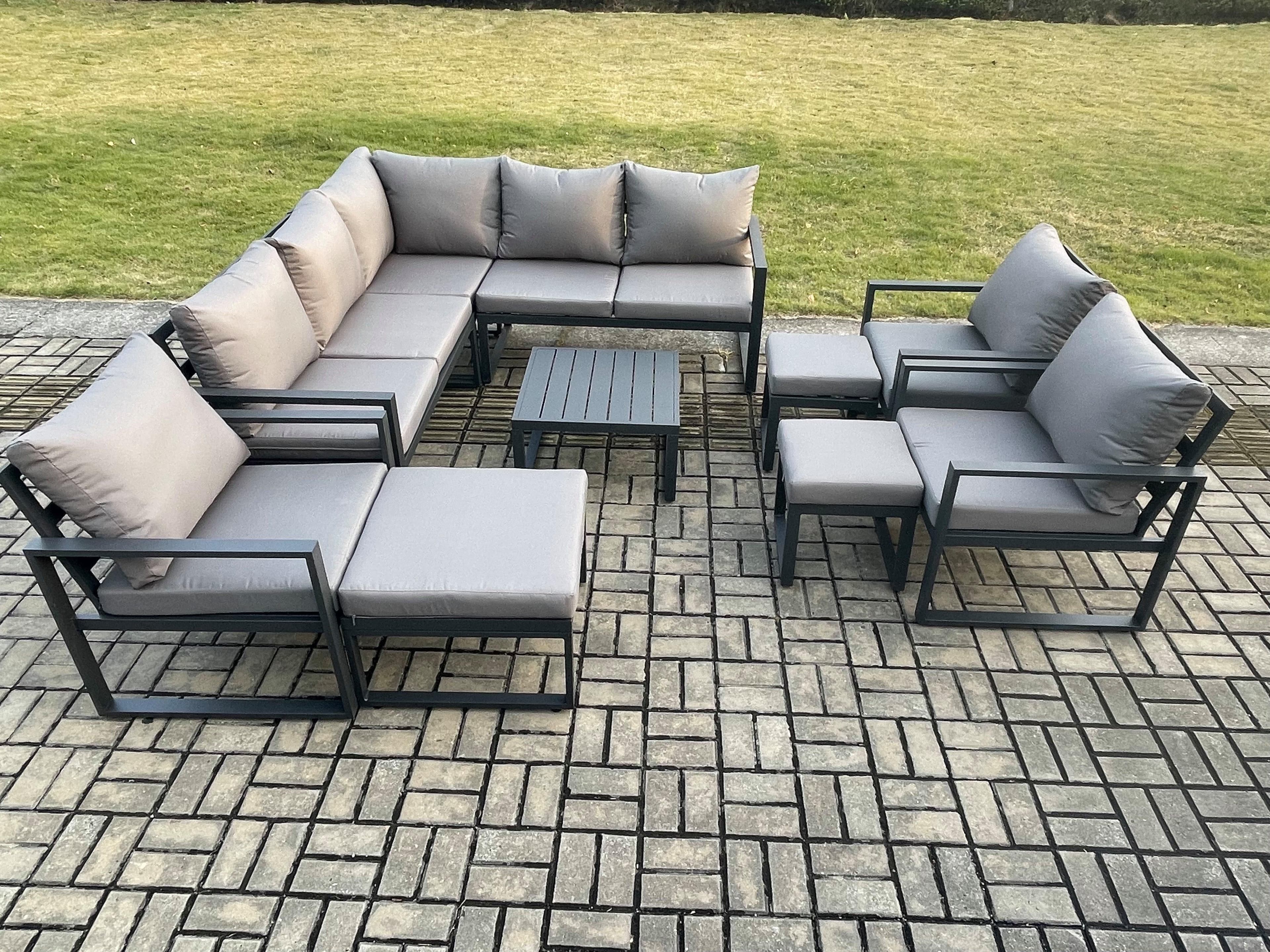 11 Seater Outdoor Aluminium Garden Furniture Set Corner Lounge Sofa Set Square Coffee Table Chair 3 Footstools Dark Grey