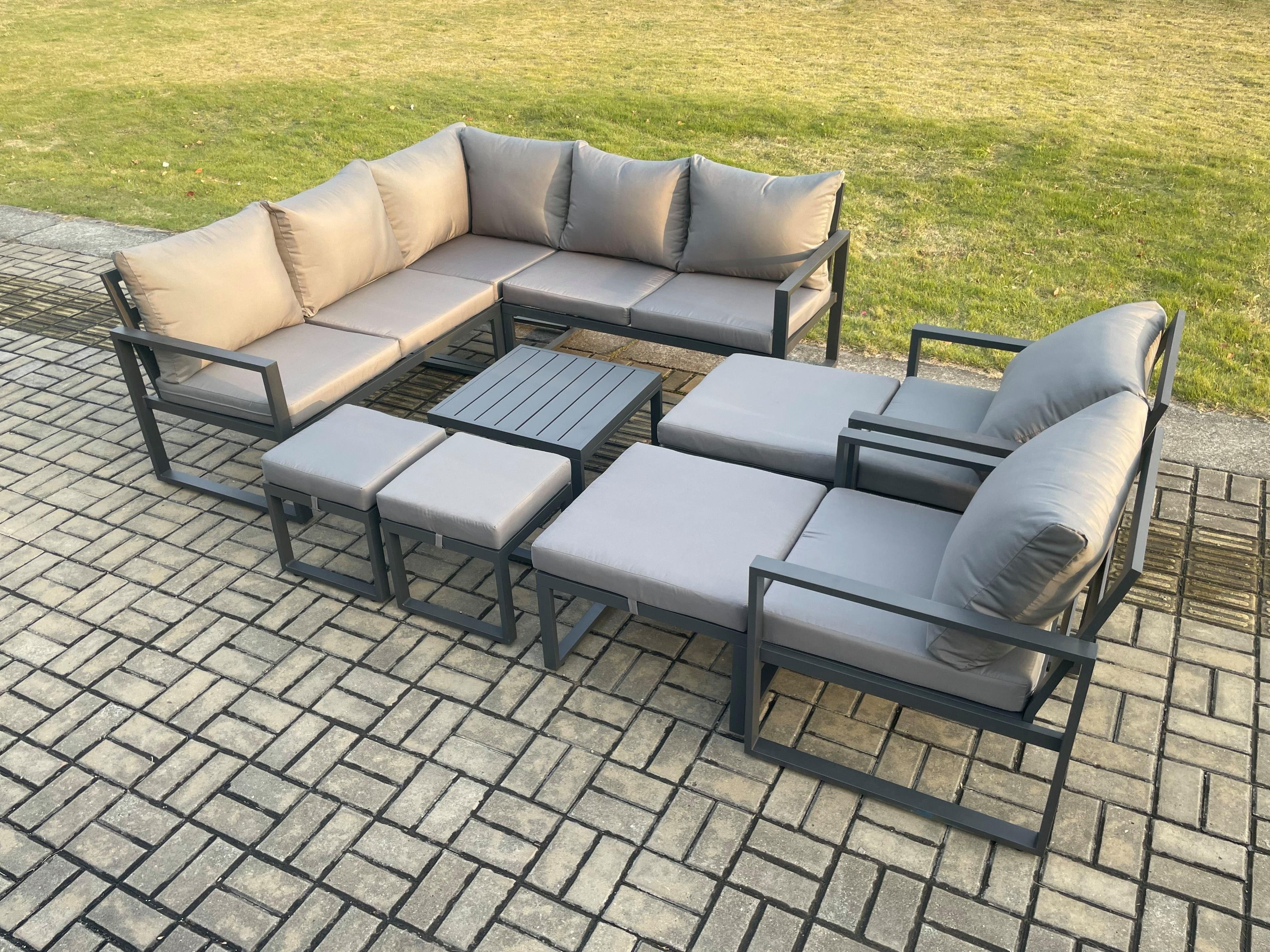 11 Seater Outdoor Aluminium Garden Furniture Set Corner Lounge Sofa Set Square Coffee Table 2 Pcs Chair Footstools Dark Grey