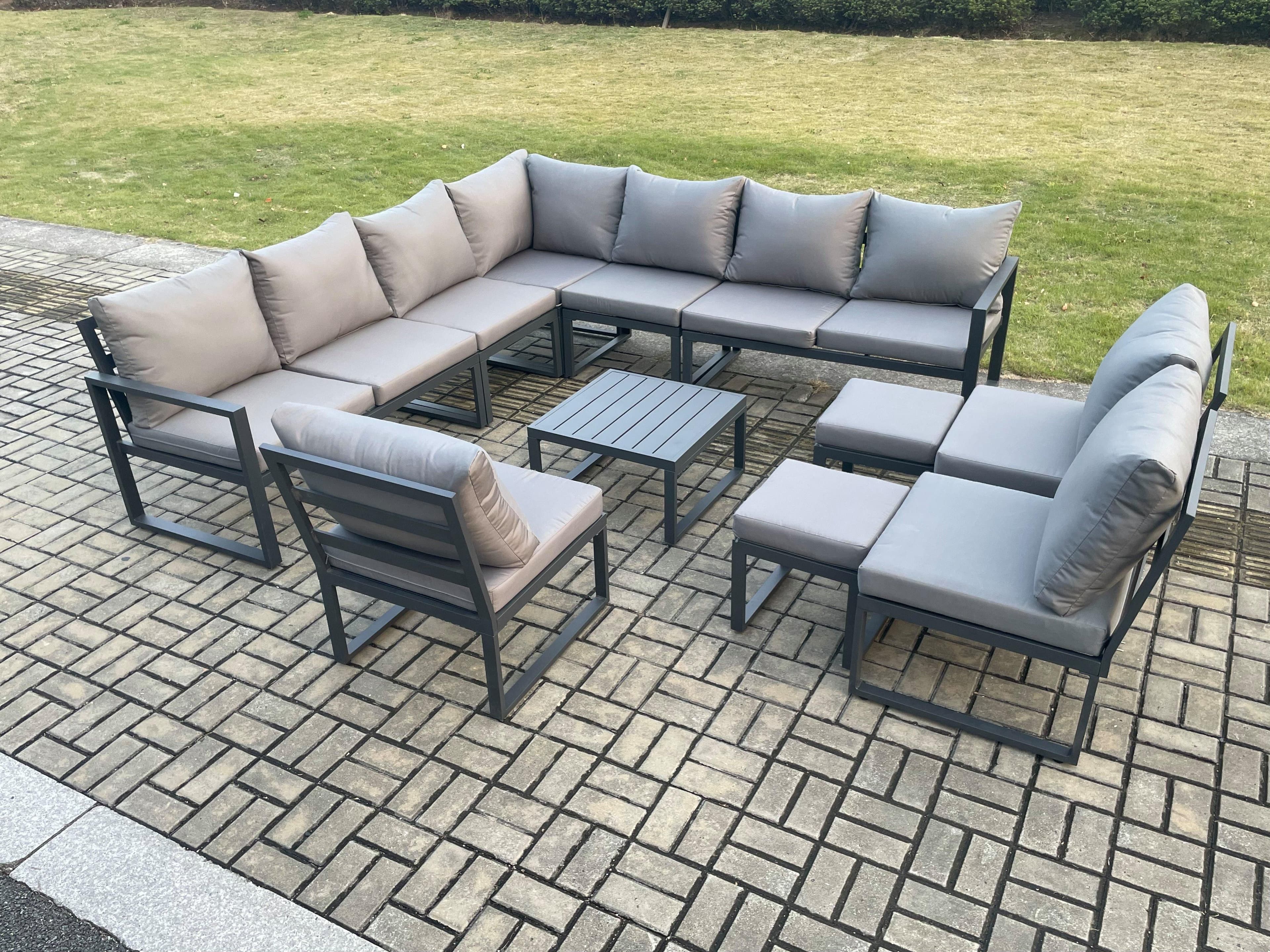 12 Seater Outdoor Aluminium Garden Furniture Set Corner Lounge Sofa Set Square Coffee Table 2 Small Footstools Dark Grey
