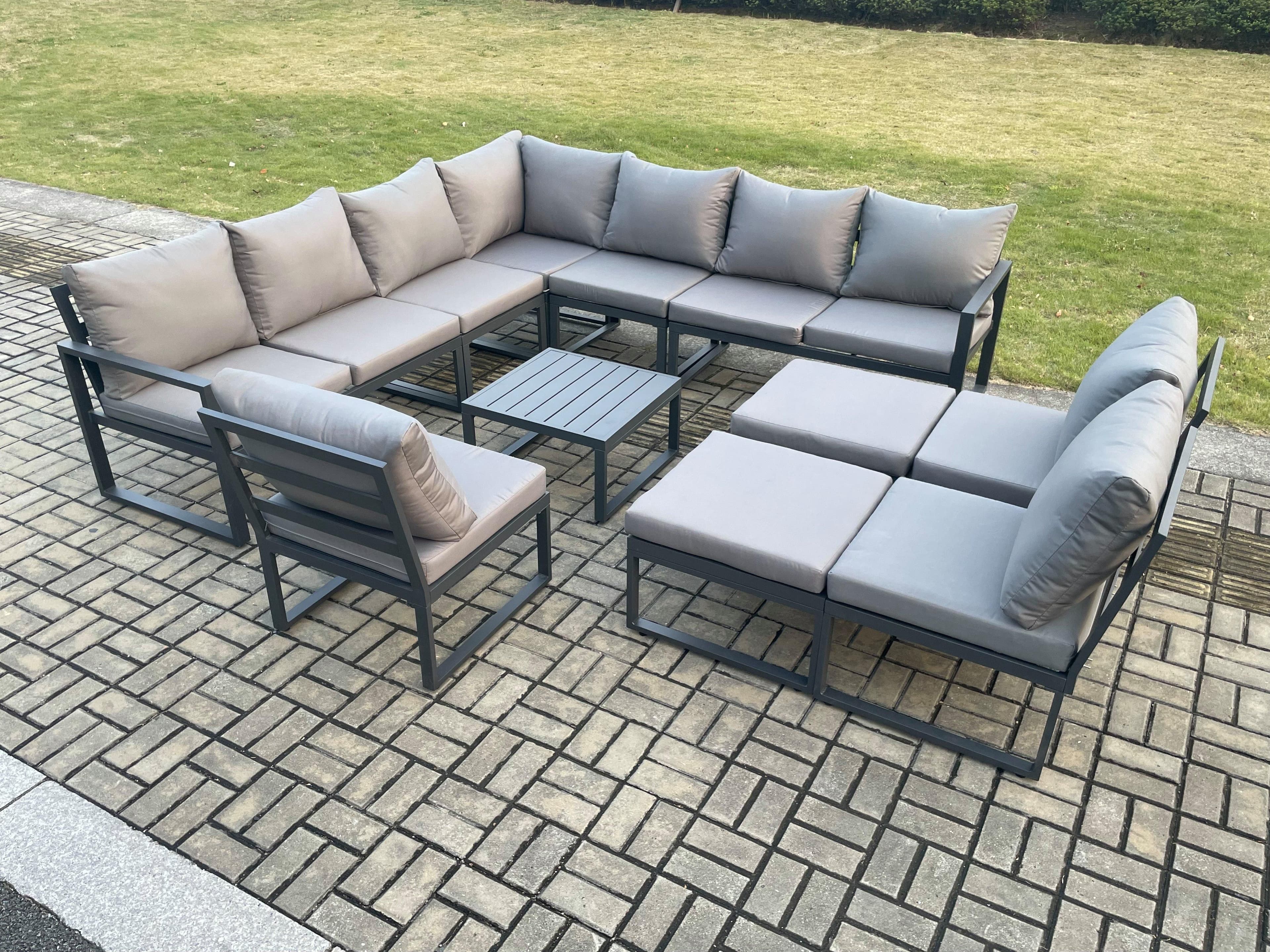 12 Seater Outdoor Aluminium Garden Furniture Set Corner Lounge Sofa Set Square Coffee Table 2 Big Footstools Dark Grey