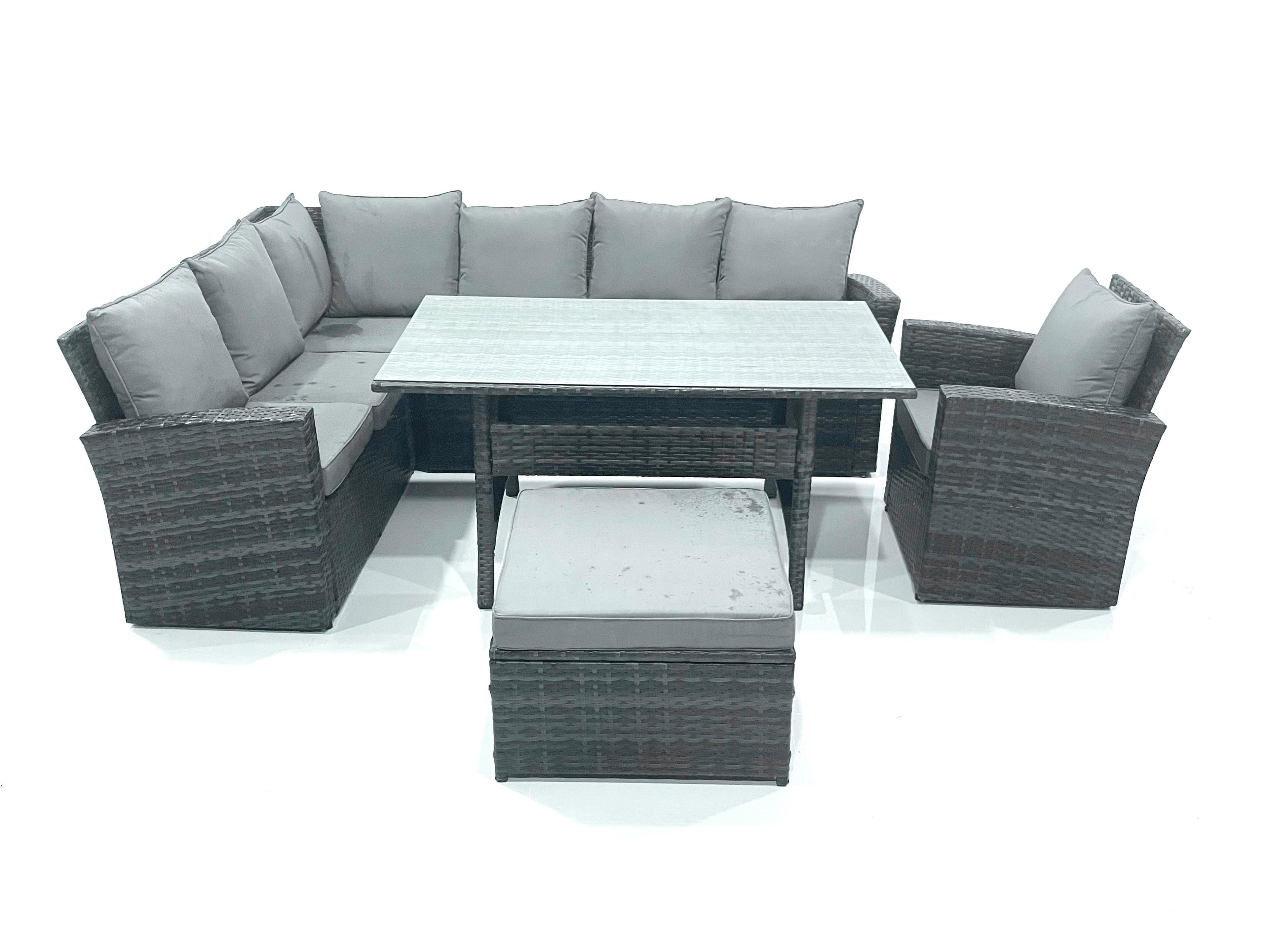 8 Seater Garden Rattan Furniture Corner Dining Set Big Footstool Outdoor Lounge Sofa Set