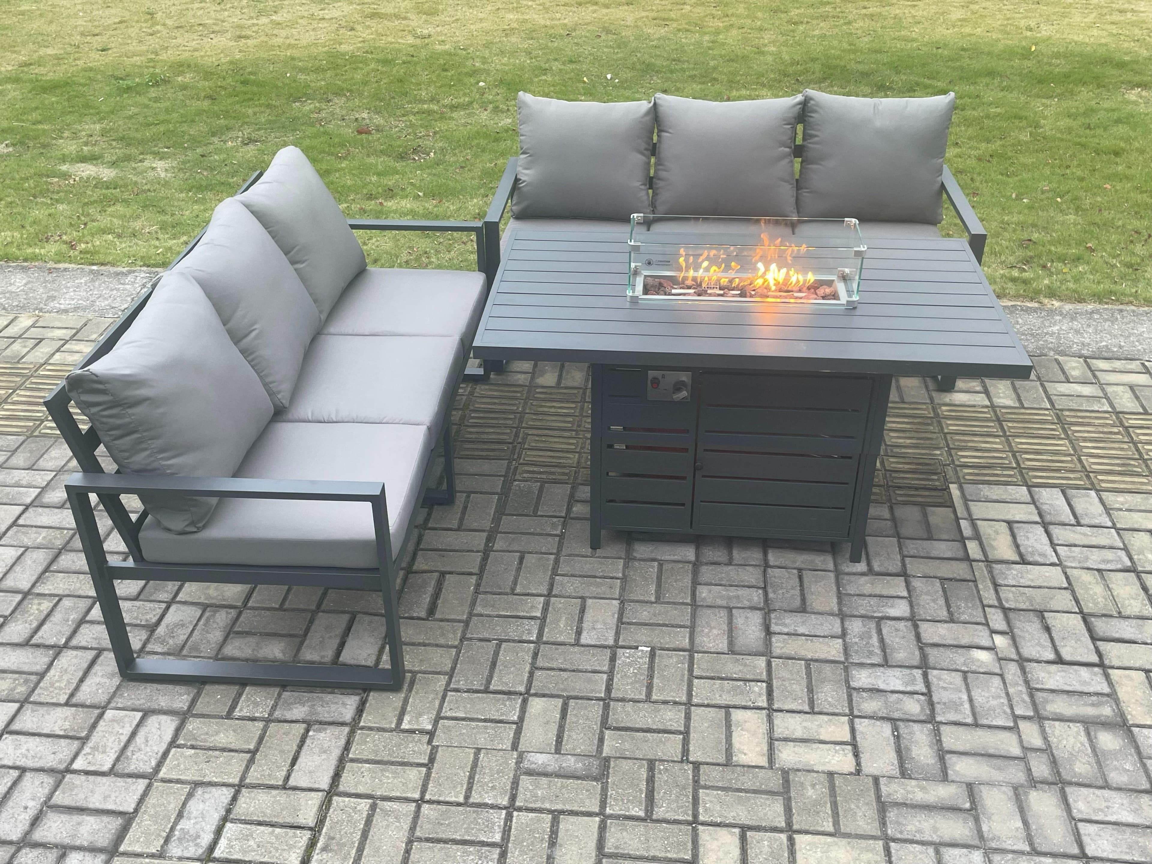 Aluminium 6 Seater Outdoor Garden Furniture Lounge Sofa Set Gas Fire Pit Dining Table Sets