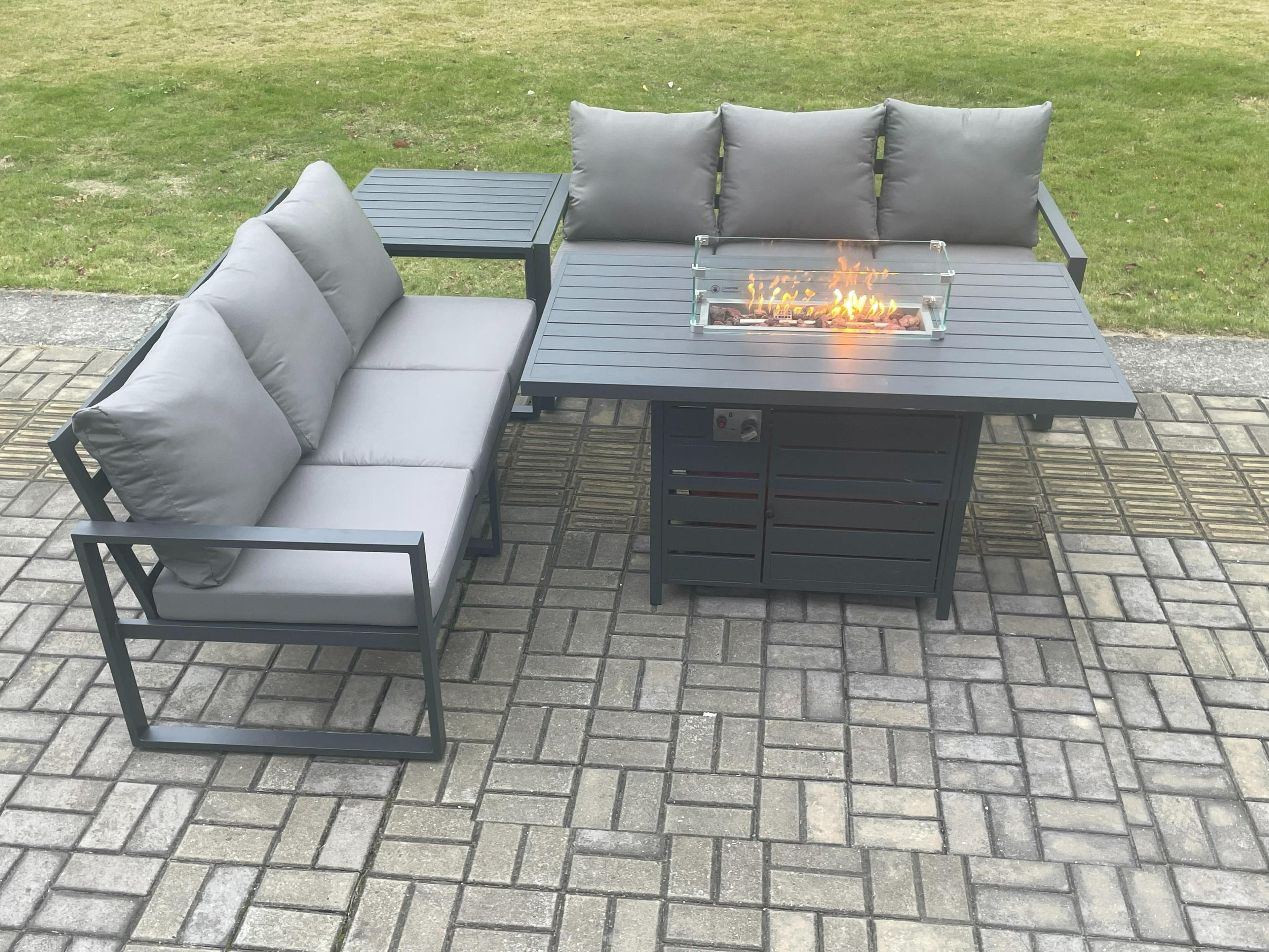 Aluminium 6 Seater Outdoor Garden Furniture Lounge Sofa Set Gas Fire Pit Dining Table Side Table