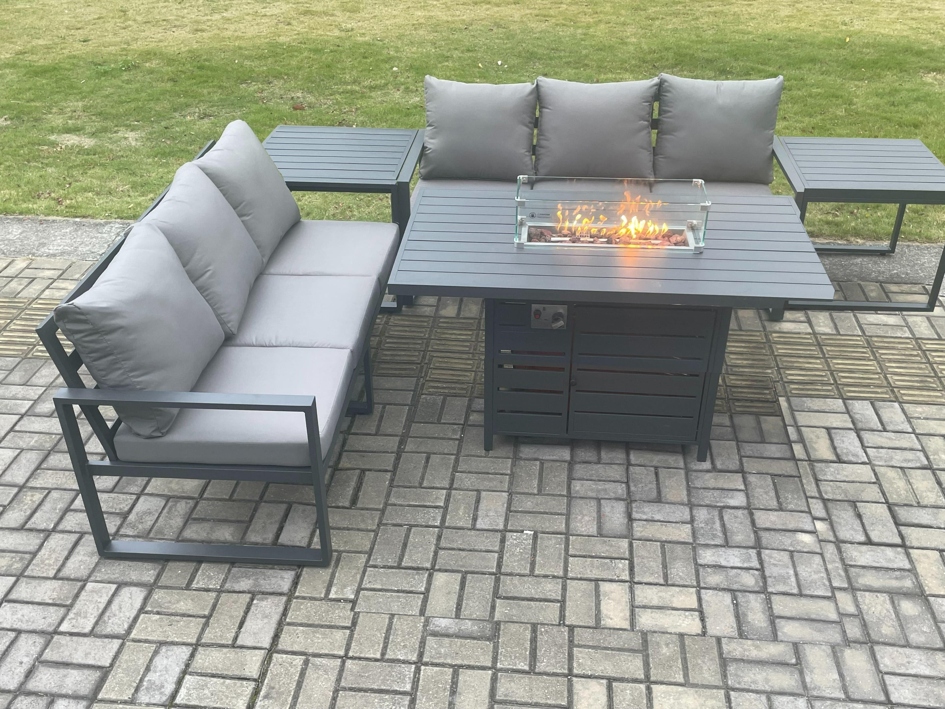 Aluminium 6 Seater Outdoor Garden Furniture Lounge Sofa Set Gas Fire Pit Dining Table 2 Side Tables