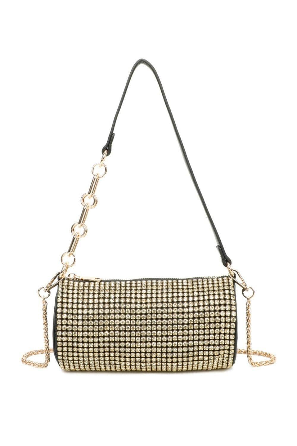 Fontanella Fashion Women's Marteau Diamond Embellished Cyclinder Shaped Evening Chain Strap Shoulder Bag in Metallic Gold