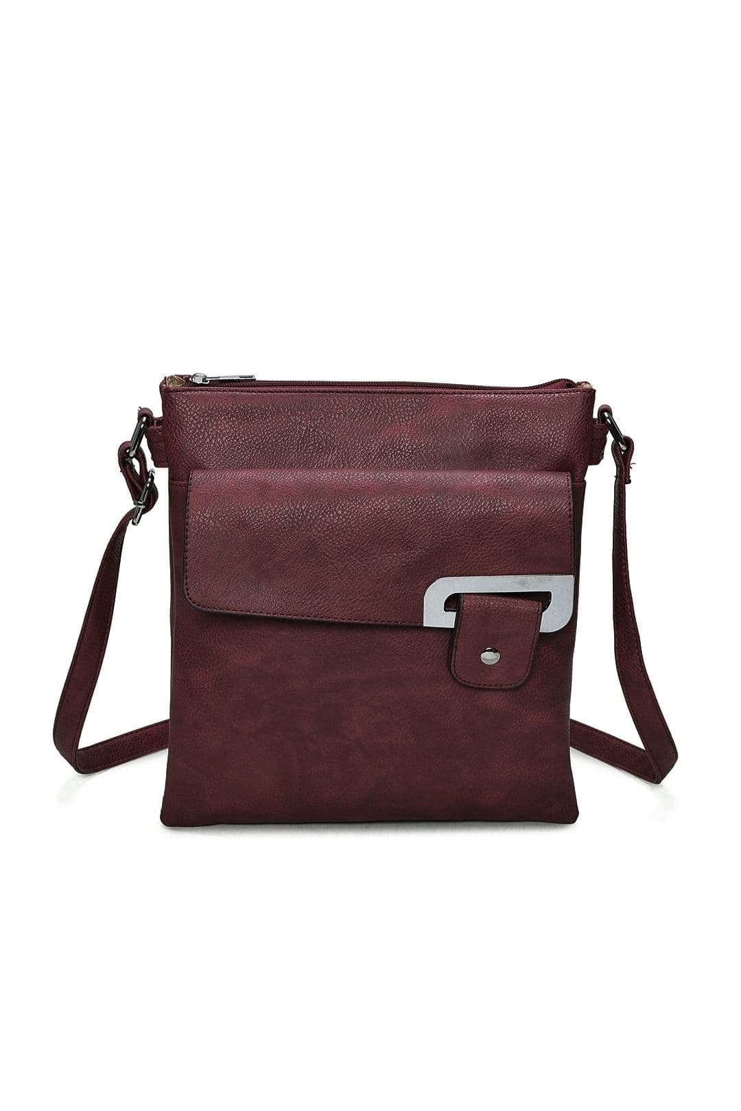 Fontanella Fashion Women's Clasico Accent Buckle Tri-Compartments PU Leather Crossbody Messenger Bag in Burgundy